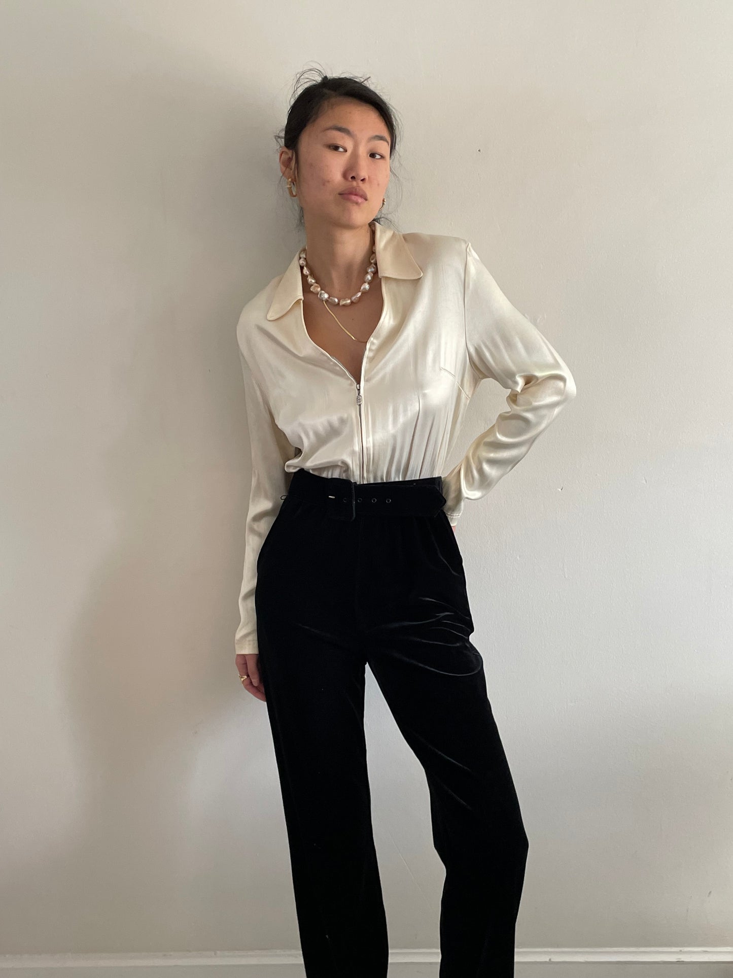 90s Charmeuse + Velvet Tuxedo Wedding Guest Jumpsuit Pant Suit S/M