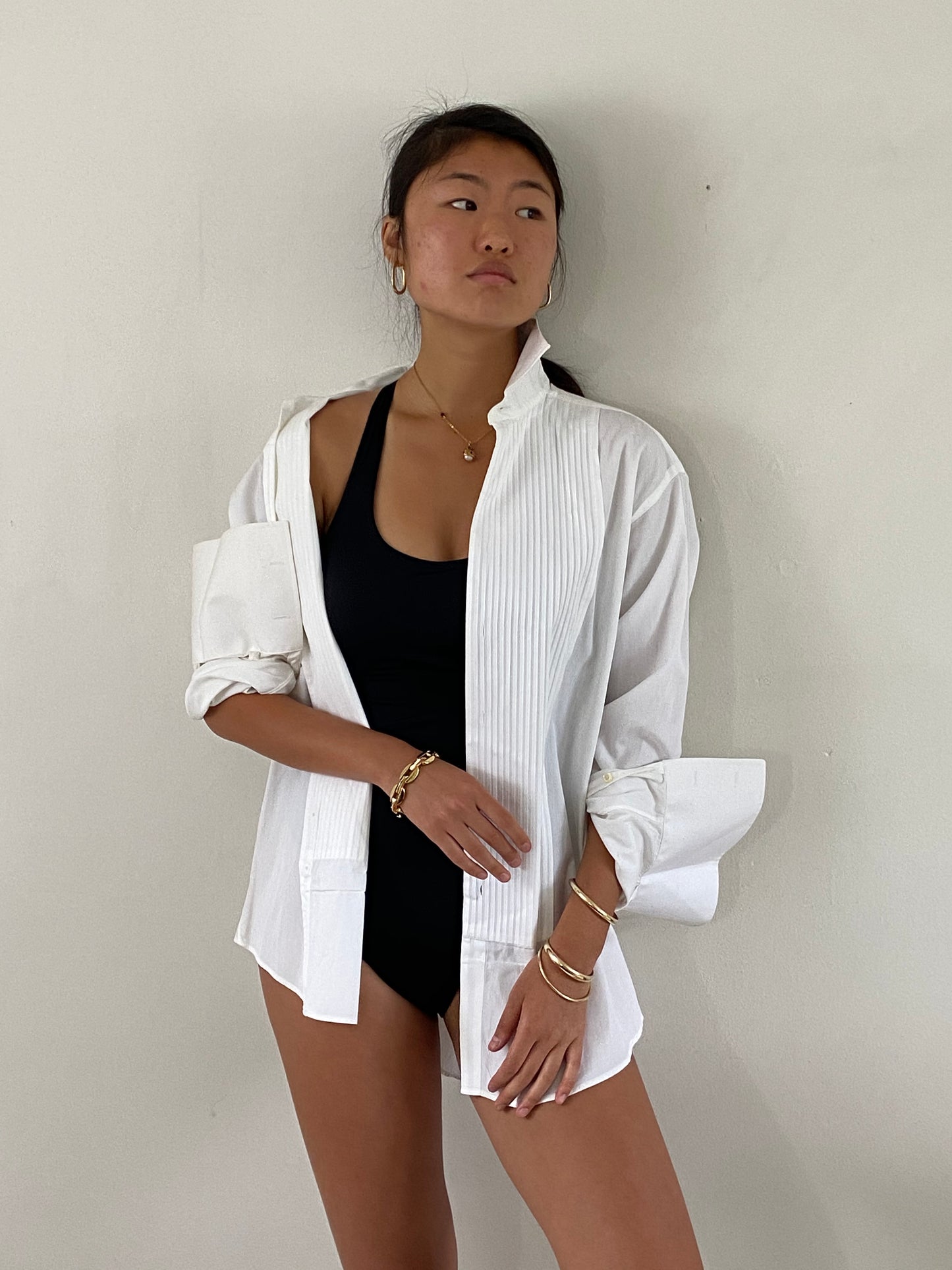 vintage crisp white cotton Italian tuxedo boyfriend shirt / oversized shirt | Large