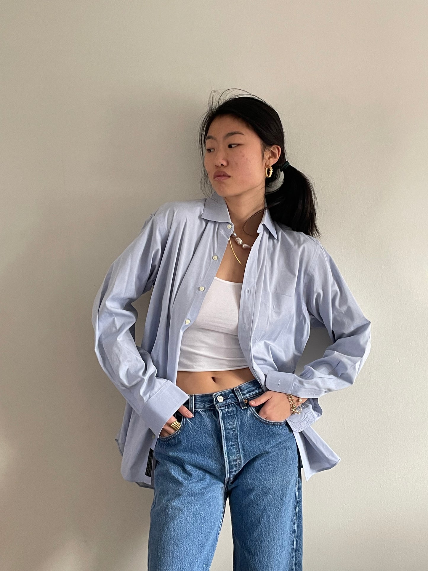vintage 80s ice blue cotton shirt | oversized baby blue solid button down boyfriend shirt blouse | Medium