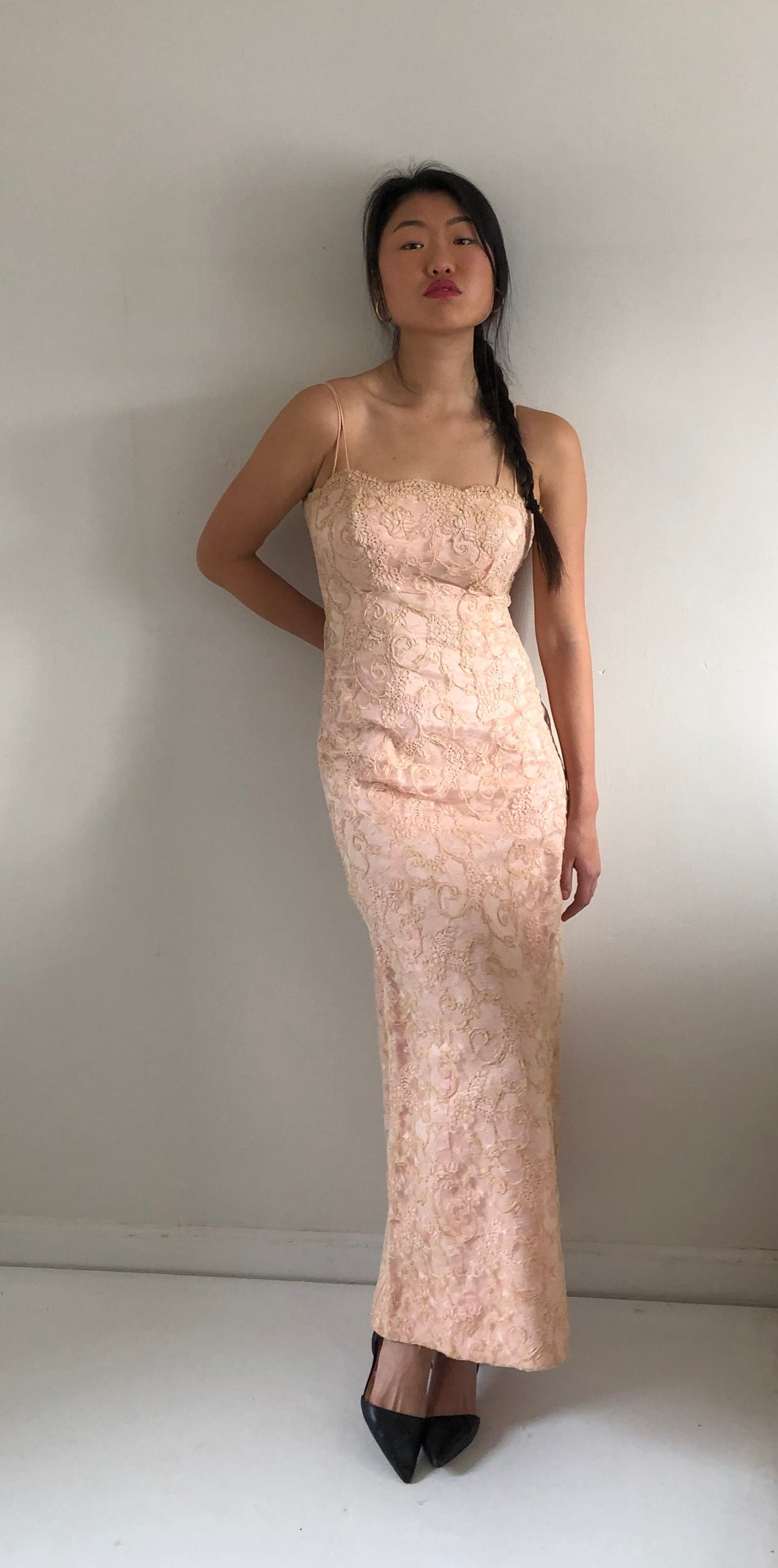 vintage 50s 60s chantilly lace strapless wiggle mermaid light blush pink gown maxi wedding guest dress