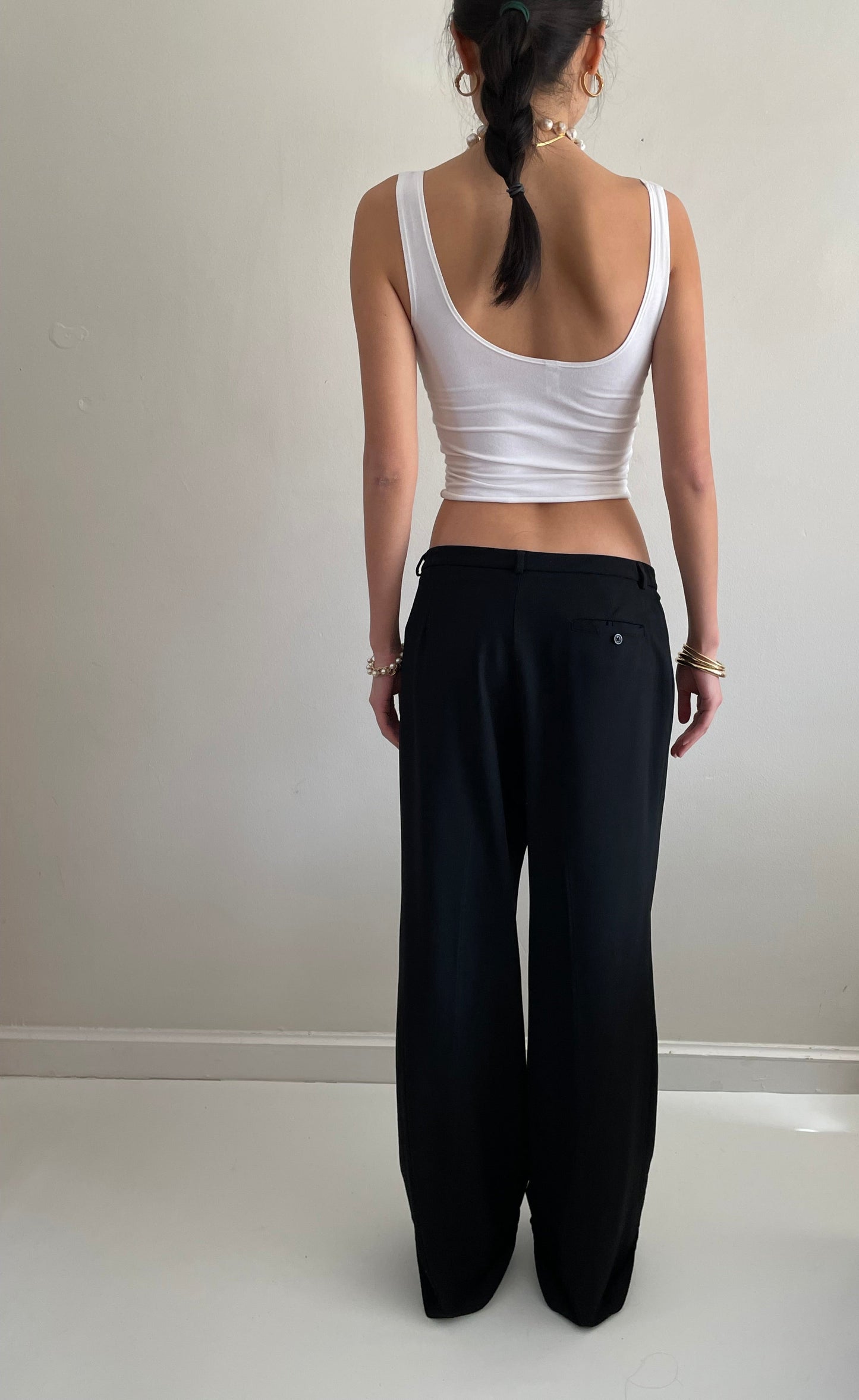Vintage Y2K Black Wool Flat Front Wide Leg Cuffed Mid Rise Loose Dressy Pants Trousers | Waist size 30 size 6
