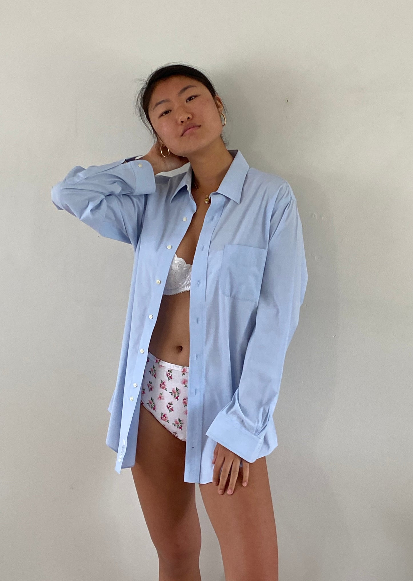 vintage 70s cotton ice blue boyfriend button down menswear shirt | Large
