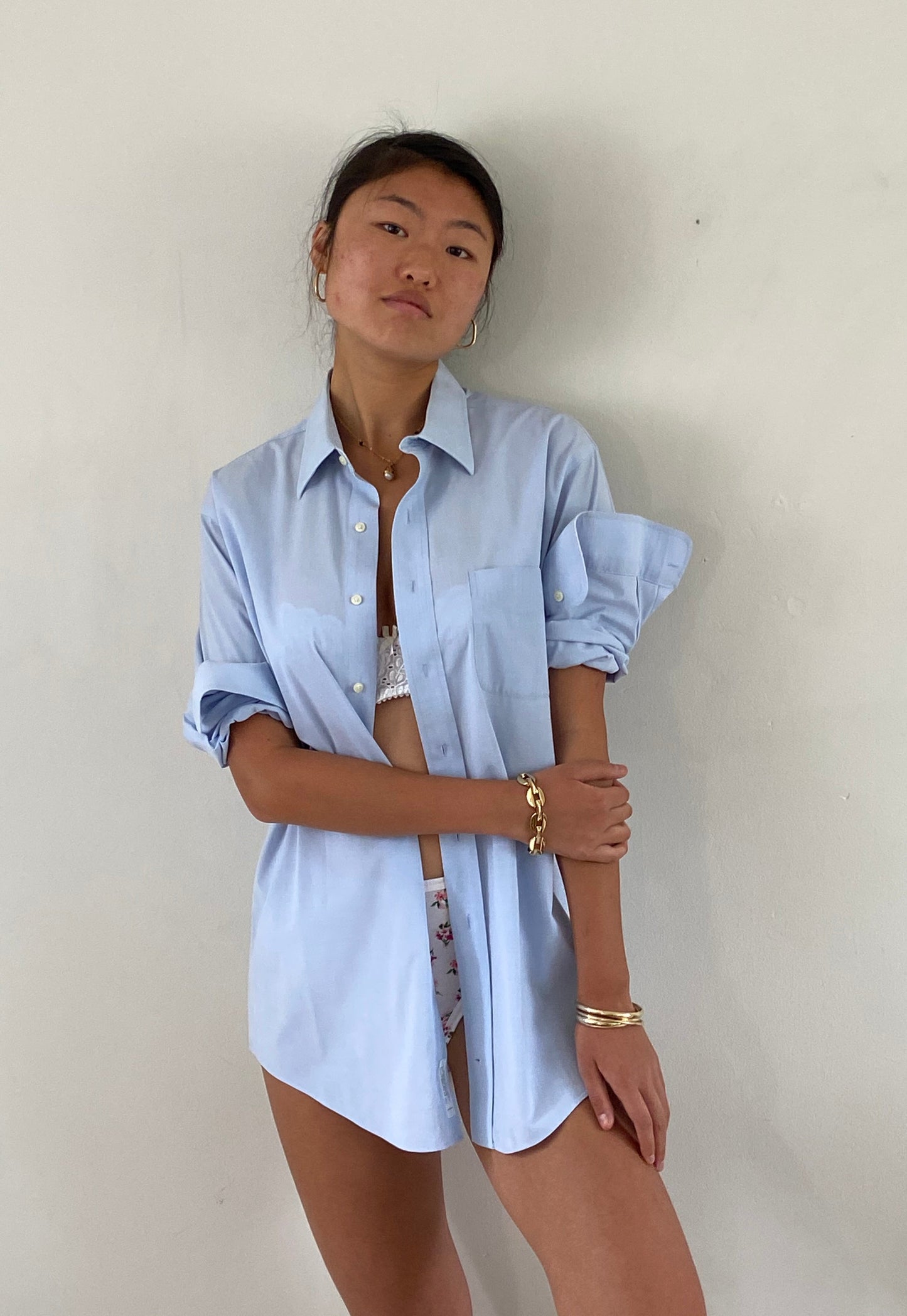 vintage 70s cotton ice blue boyfriend button down menswear shirt | Large