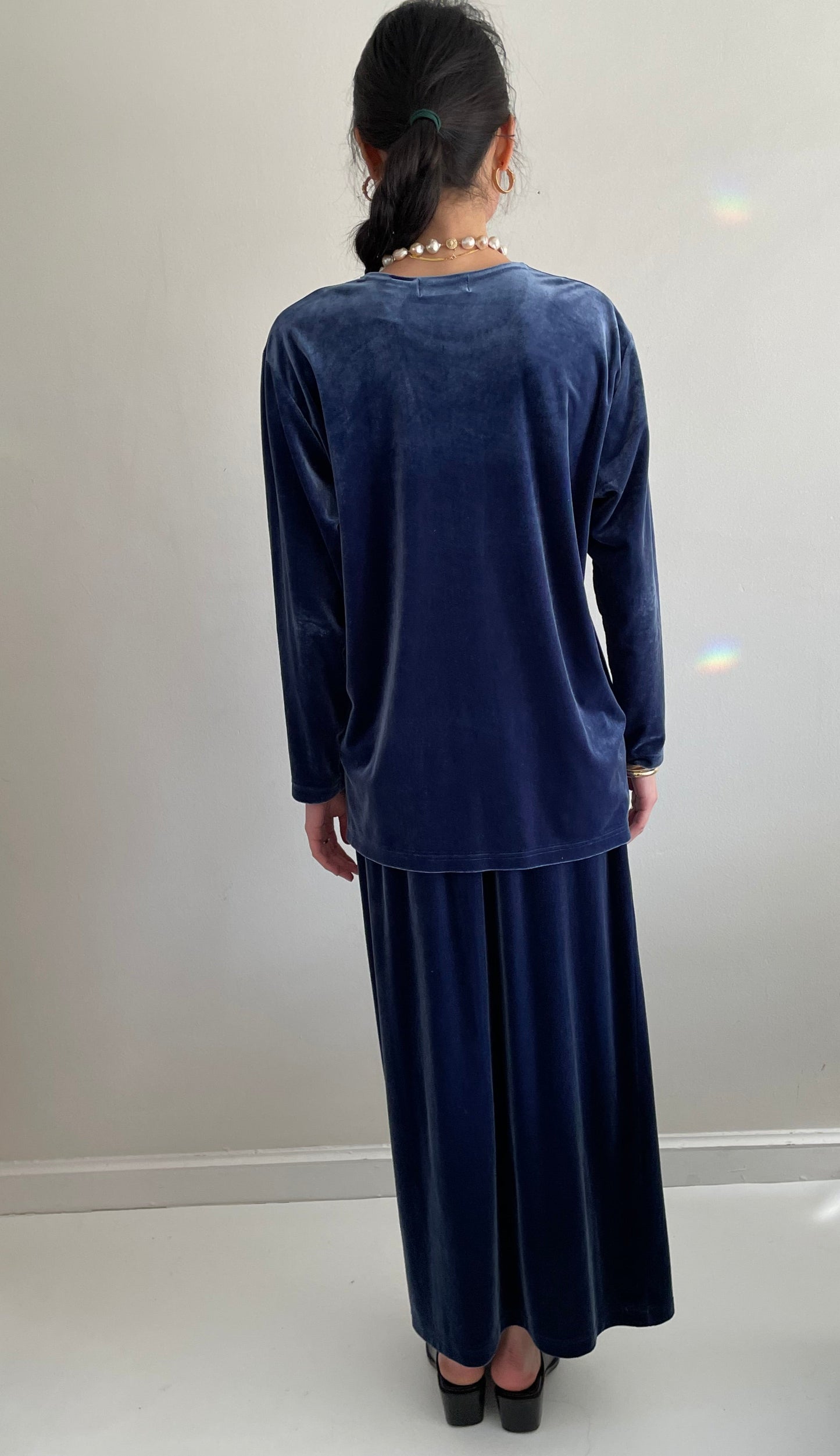 vintage 90s stretch velvet 2 piece indigo blue tunic sweatshirt + skirt matching set XL