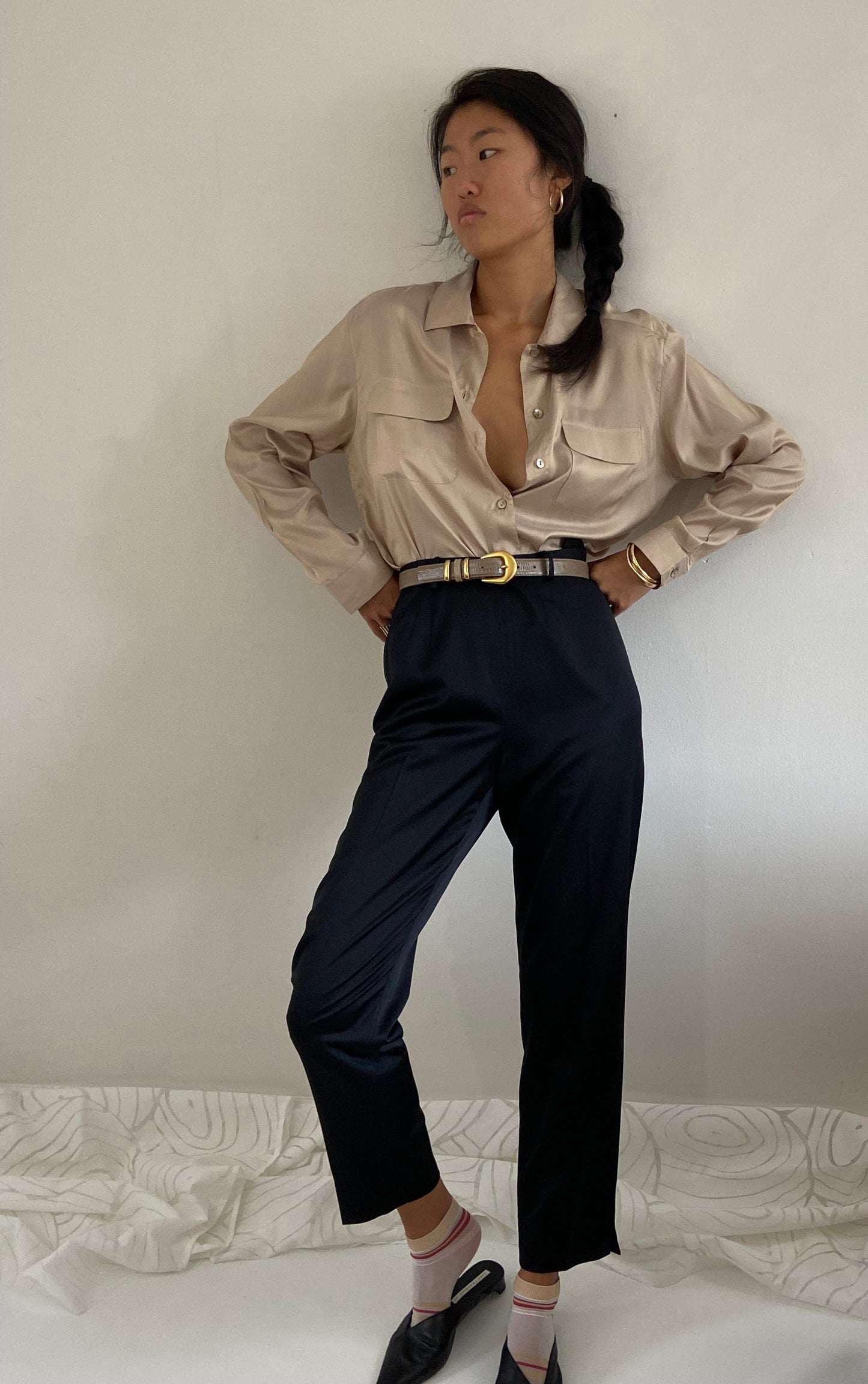 Vintage Black Silk Pants - Duchess Silk High Waisted Flat Front Cigarette Trousers Pants 28 Waist