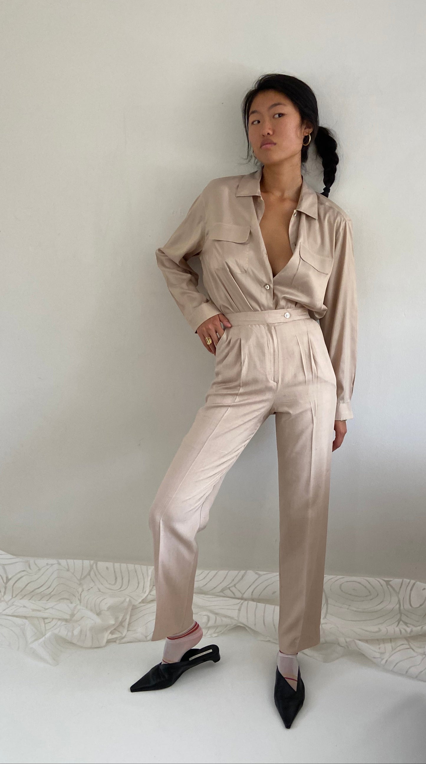 vintage 90s 100% silk pants | beige champagne high waisted pleated silk trouser pants | XS 26 waist