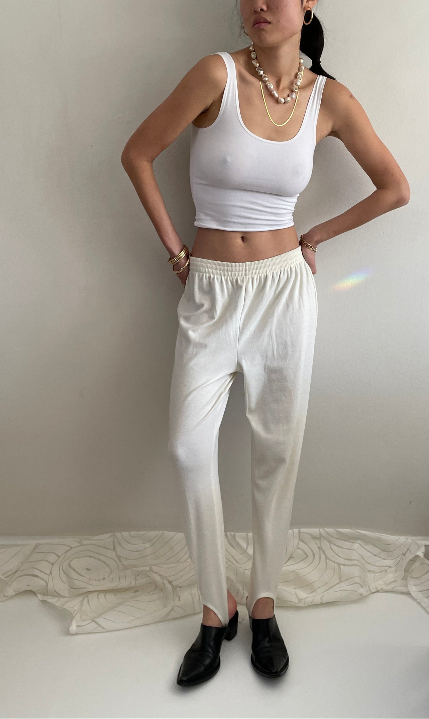 vintage 90s stirrup leggings joggers creamy white ivory cotton stirrup pants | Medium