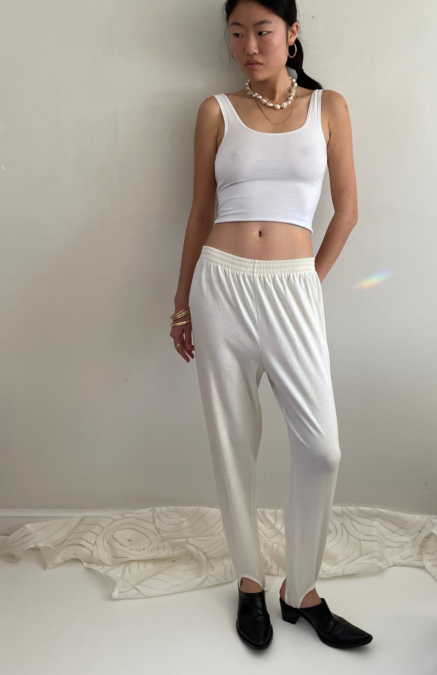 vintage 90s stirrup leggings joggers creamy white ivory cotton stirrup pants | Medium