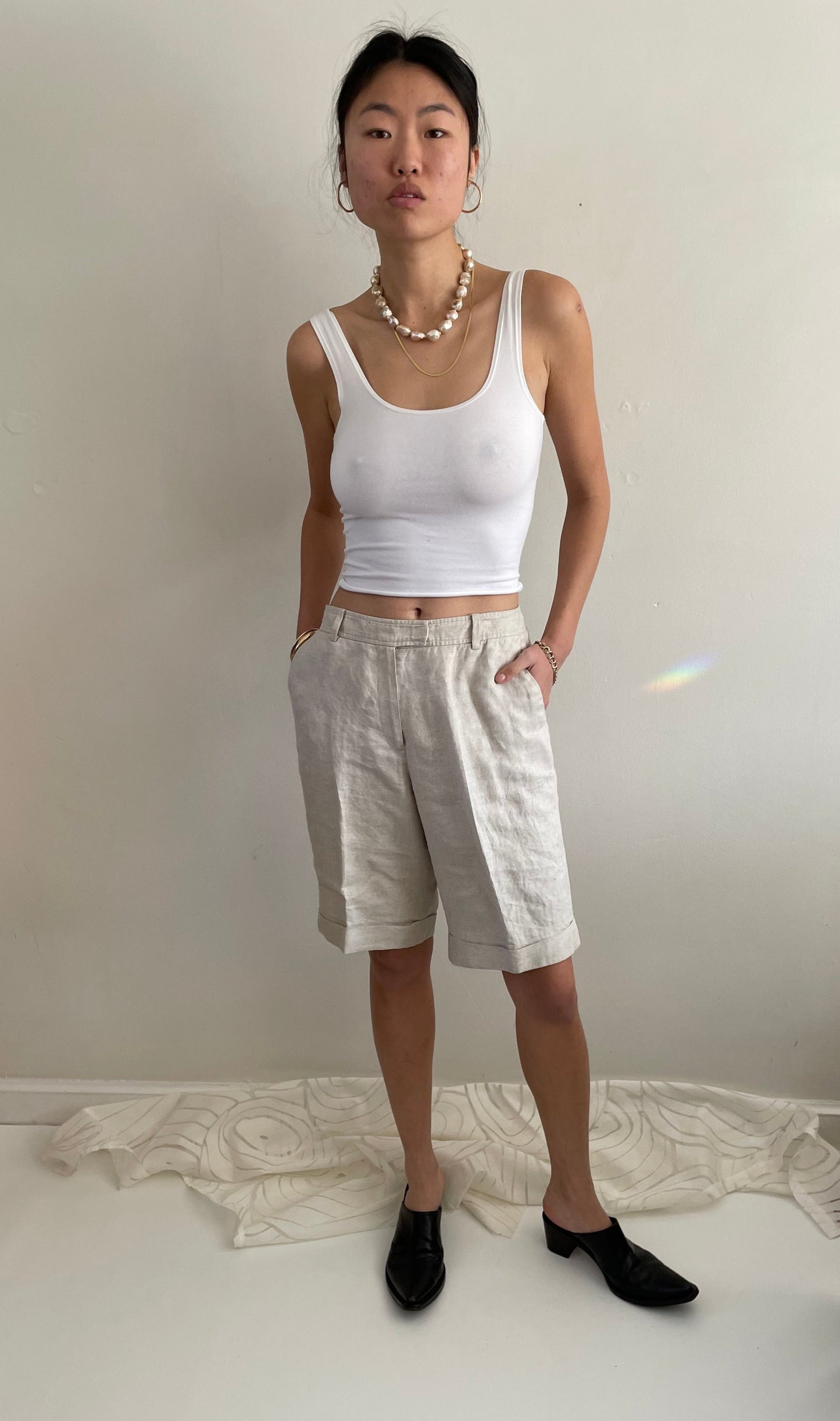 vintage linen silk oatmeal cuffed pleated trouser shorts 29 waist