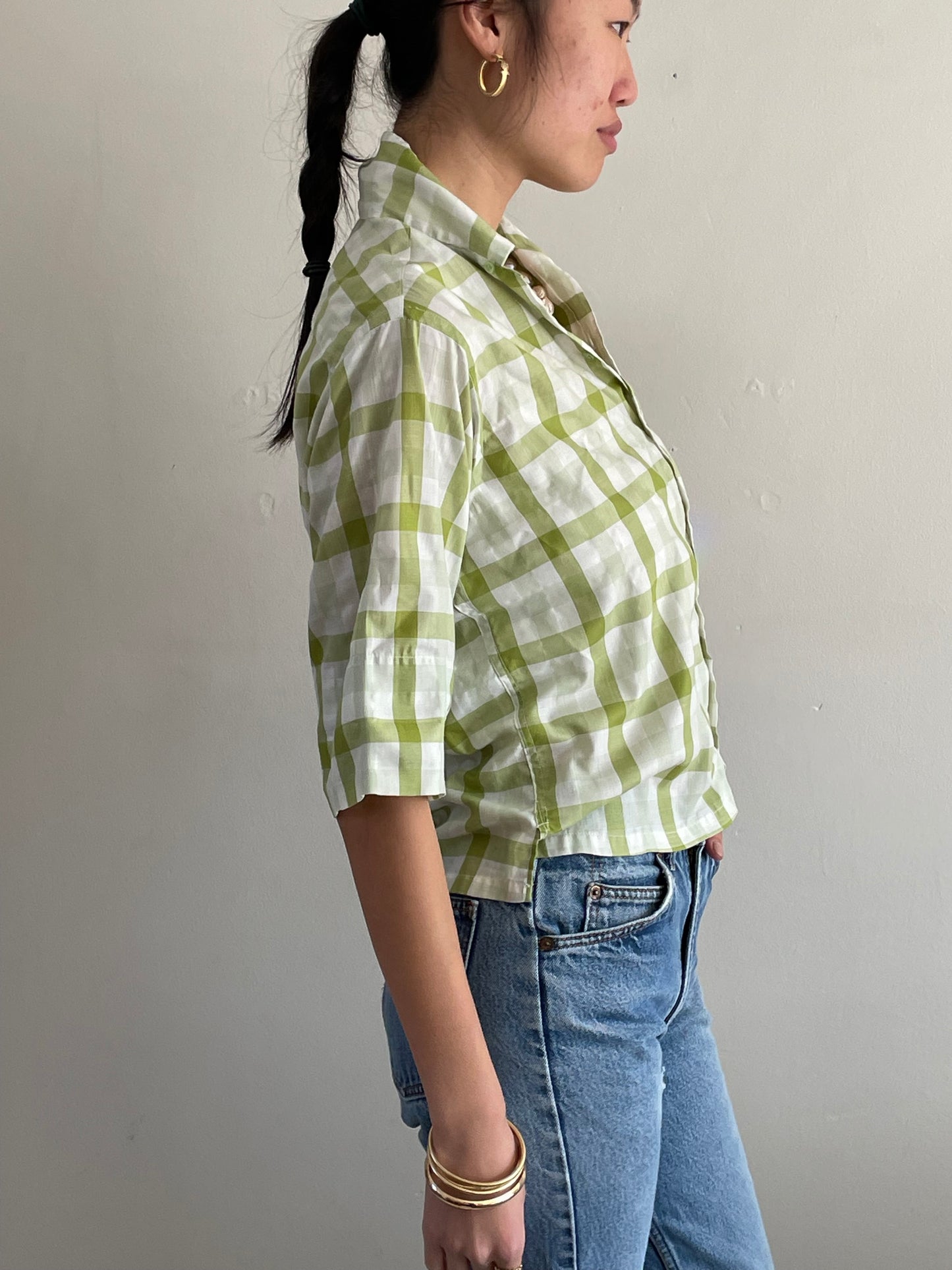 60s vintage plaid blouse / lime + olive moss green plaid elbow sleeve cropped blouse | Medium