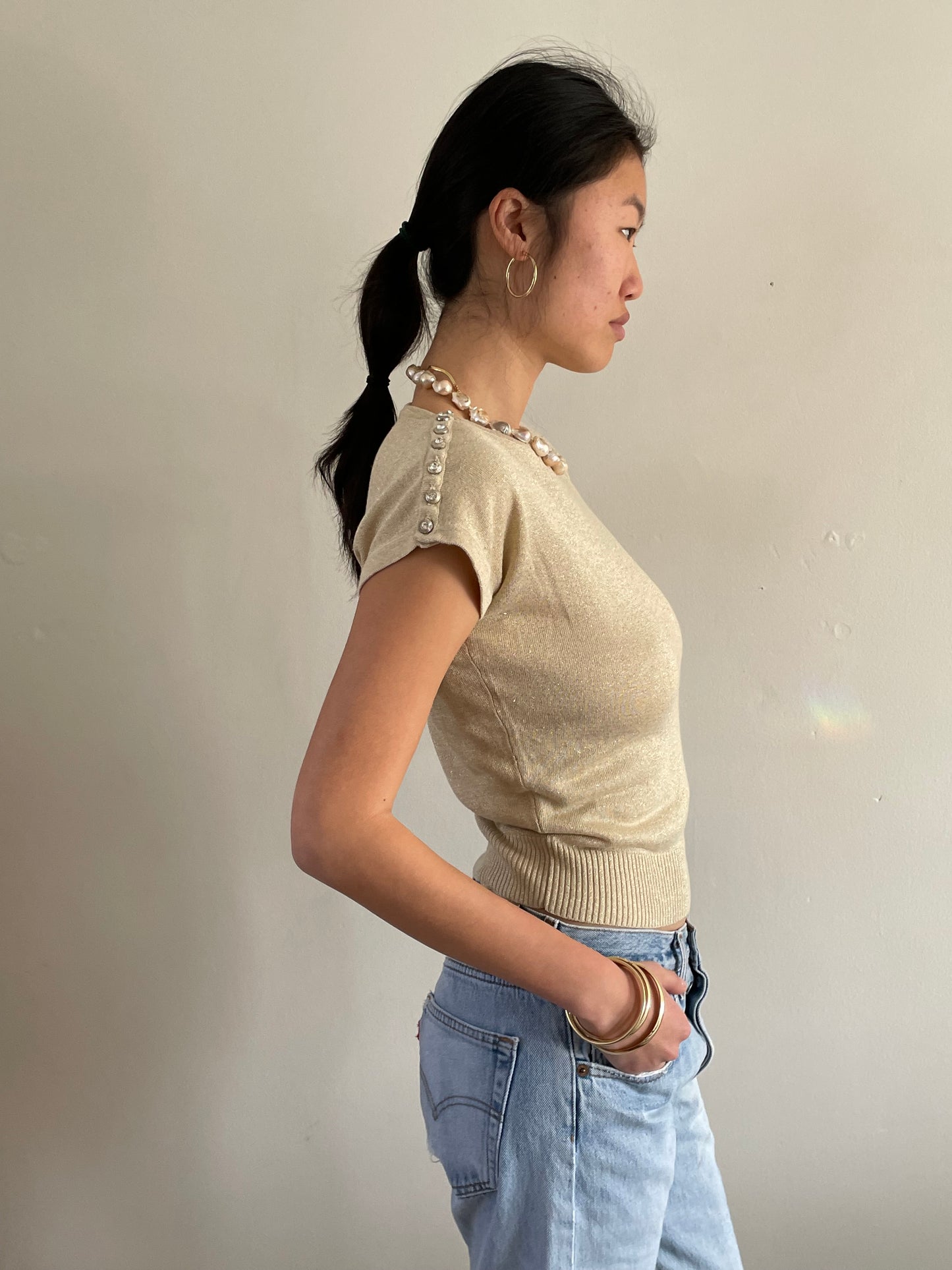 vintage gold knit cropped tee t-shirt shoulder button sweater Medium