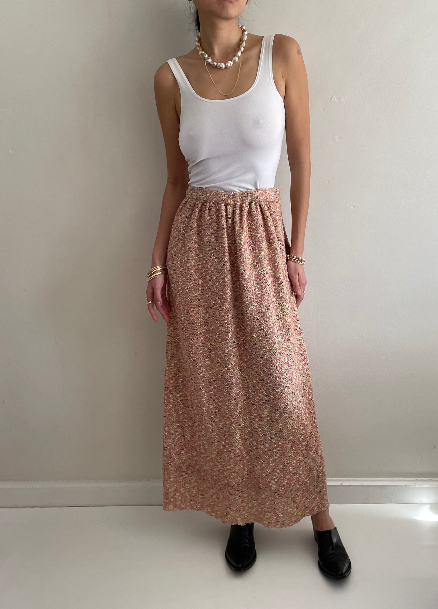 vintage 70s pink nubby boucle wool tweed handmade maxi skirt | Waist size 26