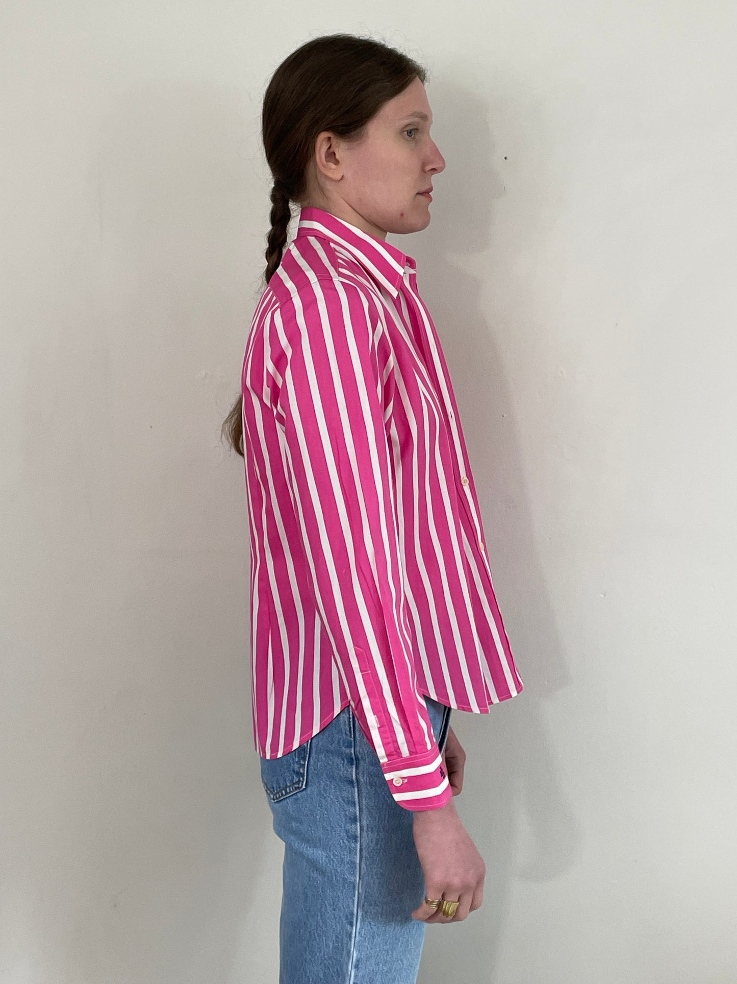 vintage Ralph Lauren hot pink white striped 100% cotton RL petite cropped pinstripe blouse Small