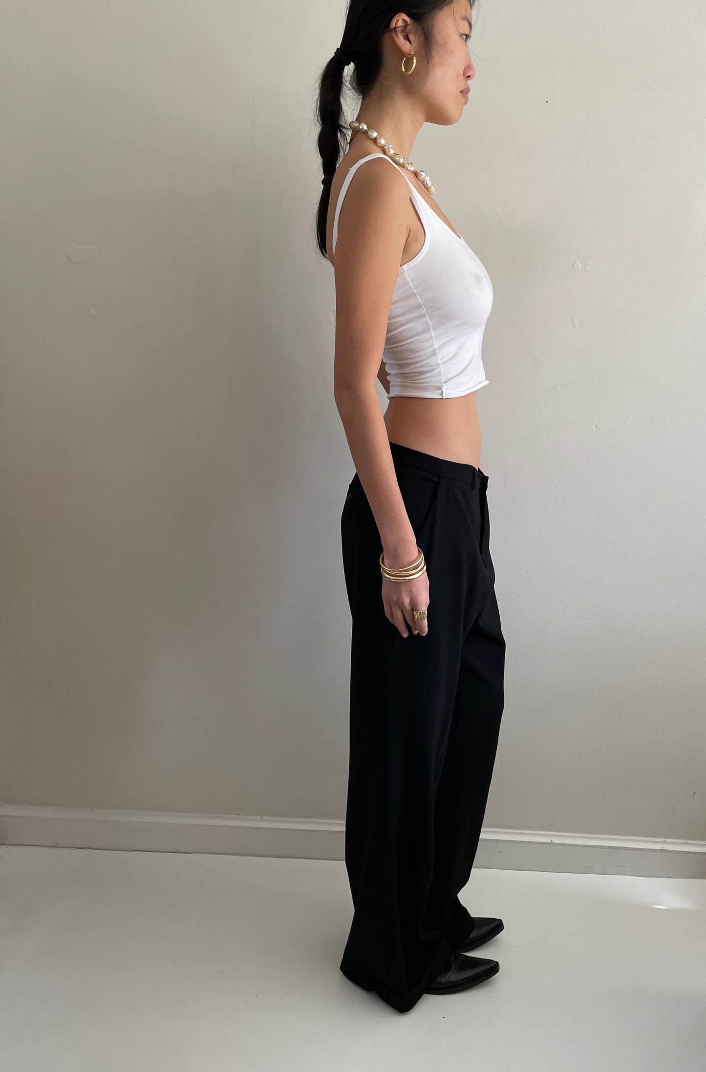 Vintage Y2K Black Wool Flat Front Wide Leg Cuffed Mid Rise Loose Dressy Pants Trousers | Waist size 30 size 6
