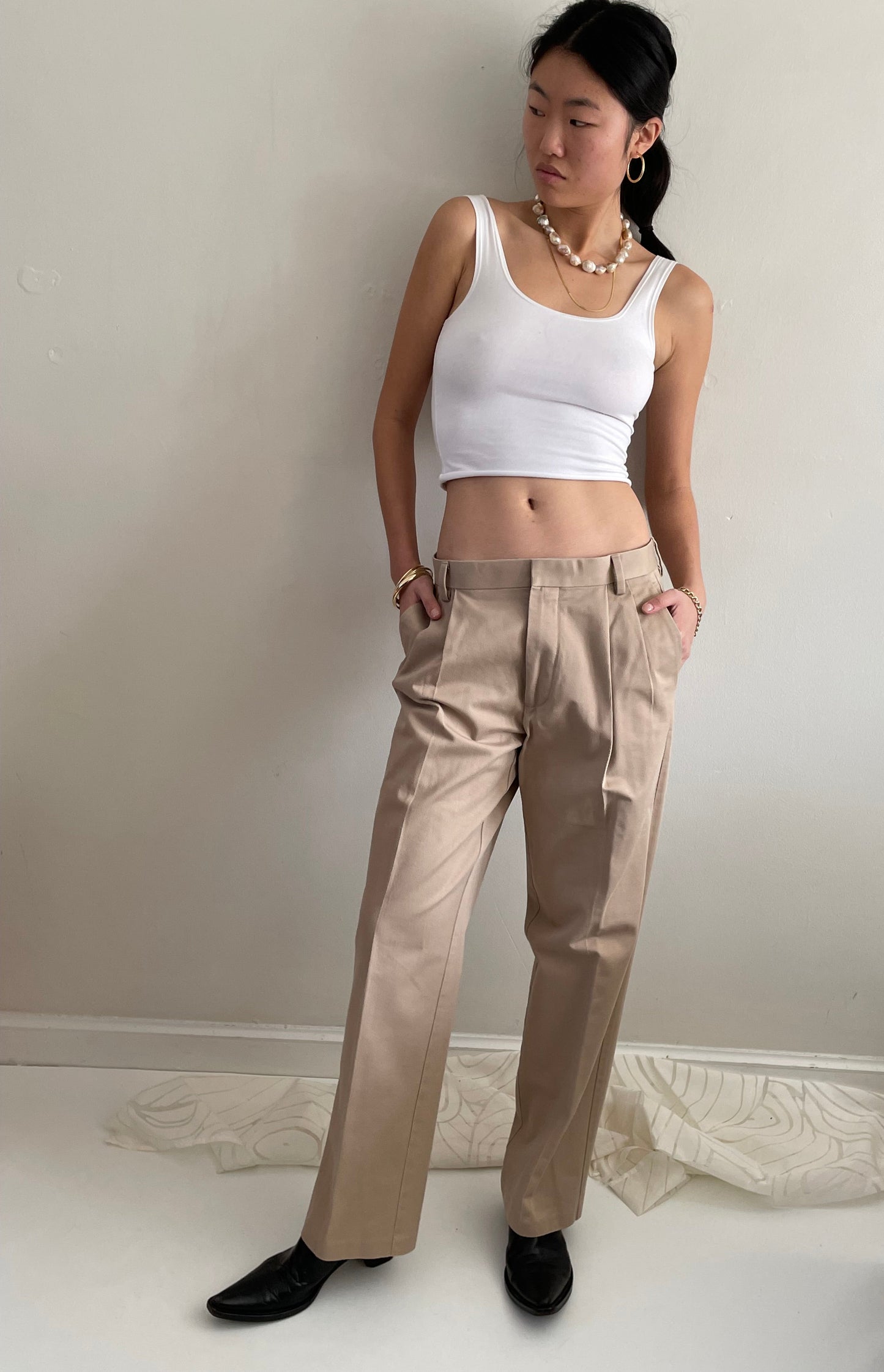 vintage 90s pleated cotton twill khakis chinos boyfriend pants trousers size 32