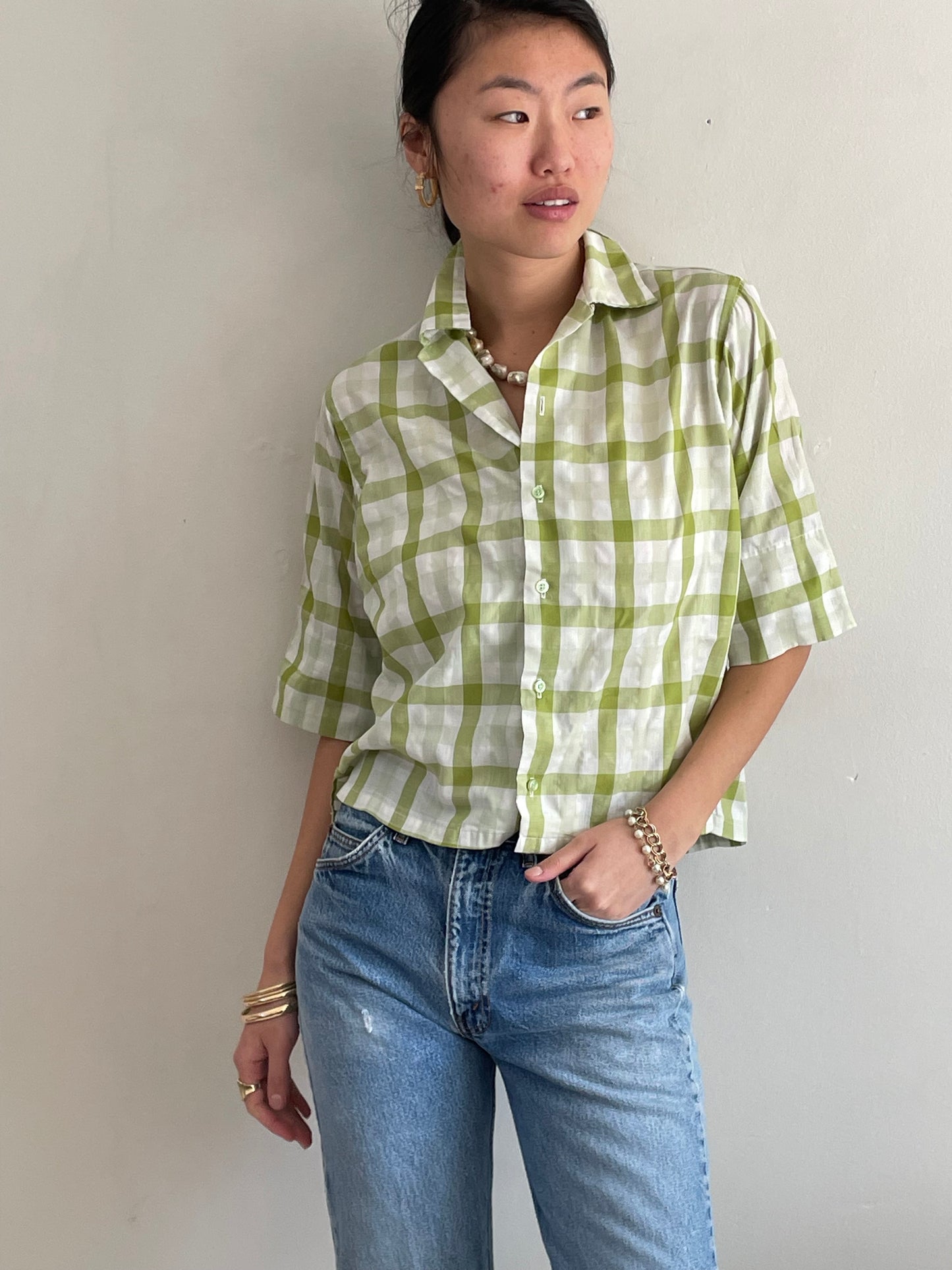 60s vintage plaid blouse / lime + olive moss green plaid elbow sleeve cropped blouse | Medium