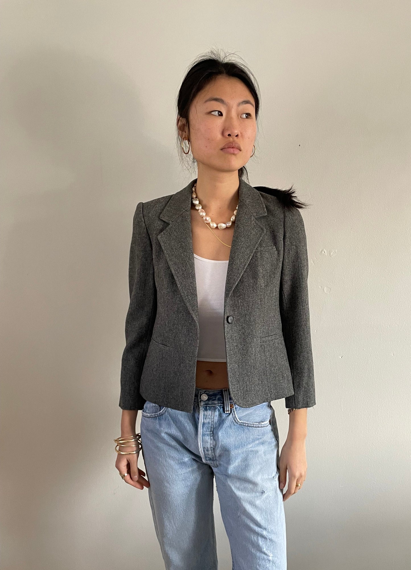 Vintage Cropped Gray Wool Blazer + Matching Skirt Suit Set | Petite Charcoal Single Button Blazer | Small