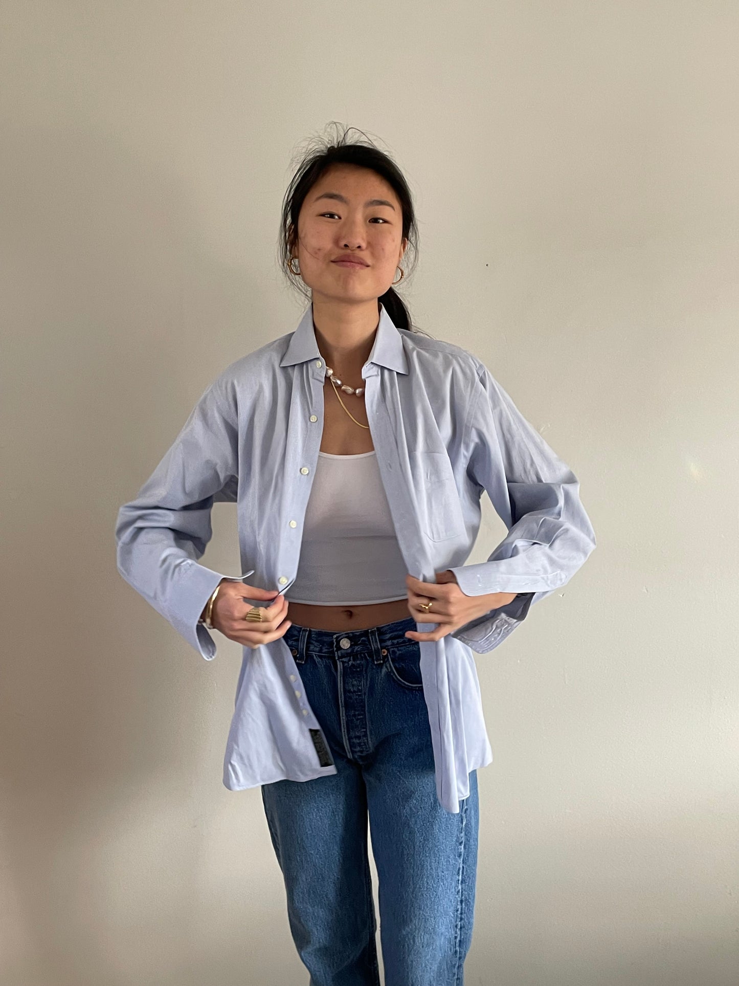vintage 80s ice blue cotton shirt | oversized baby blue solid button down boyfriend shirt blouse | Medium