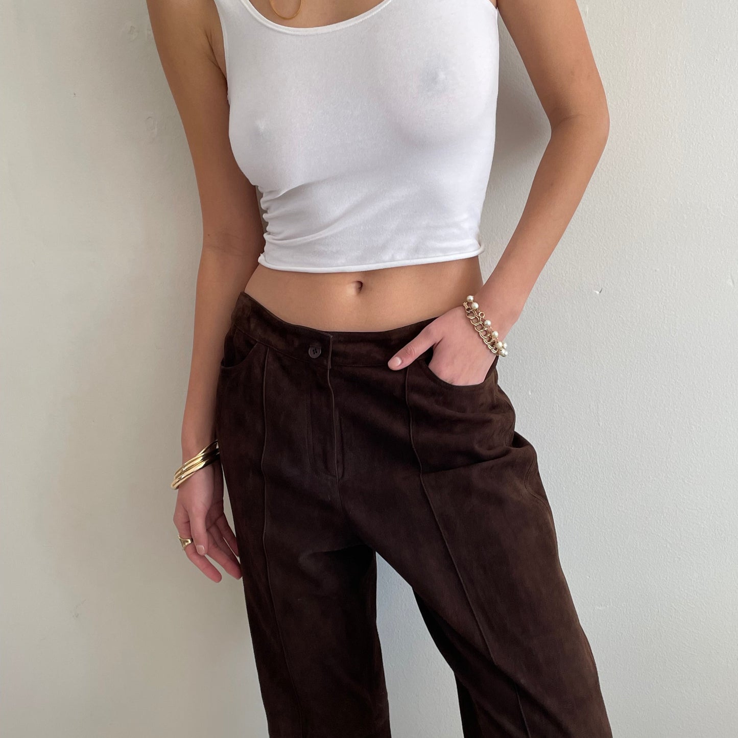 vintage 90s brown genuine suede leather flat front pants size 6 / 31