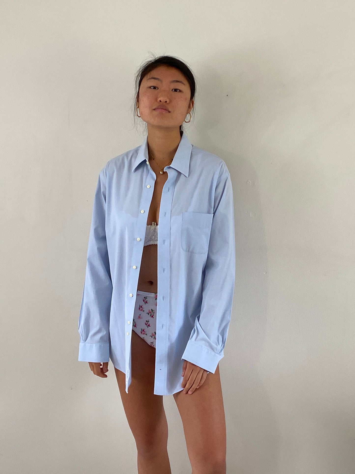 vintage 70s cotton ice blue boyfriend button down menswear shirt | Large