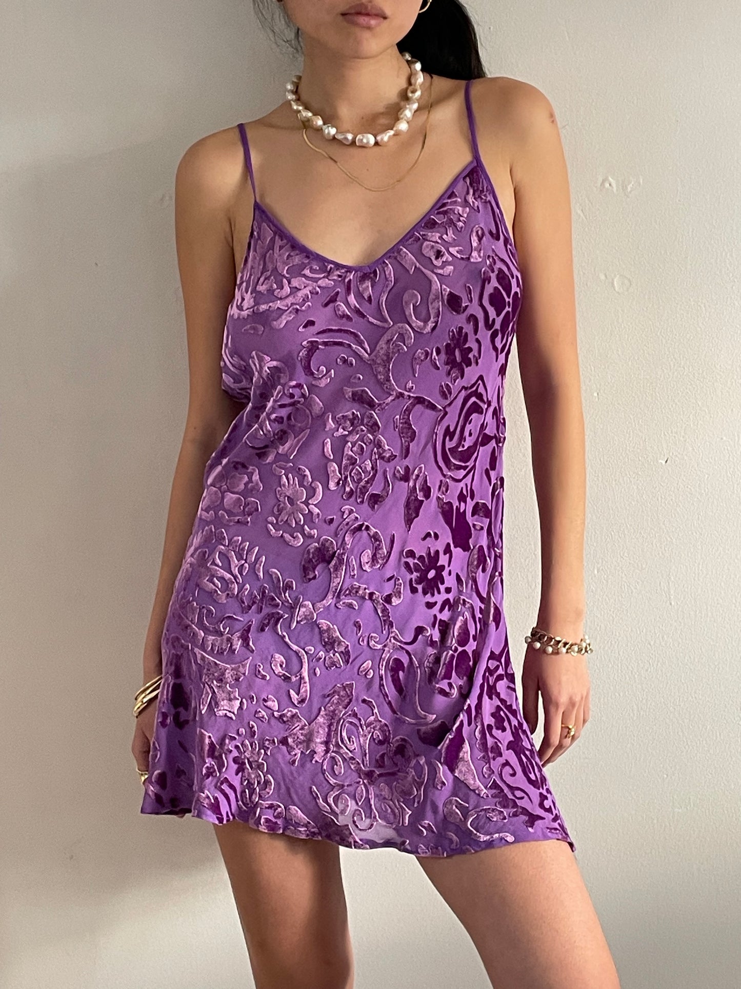 90s silk devore slip dress / vintage grape purple semi sheer silk slip dress