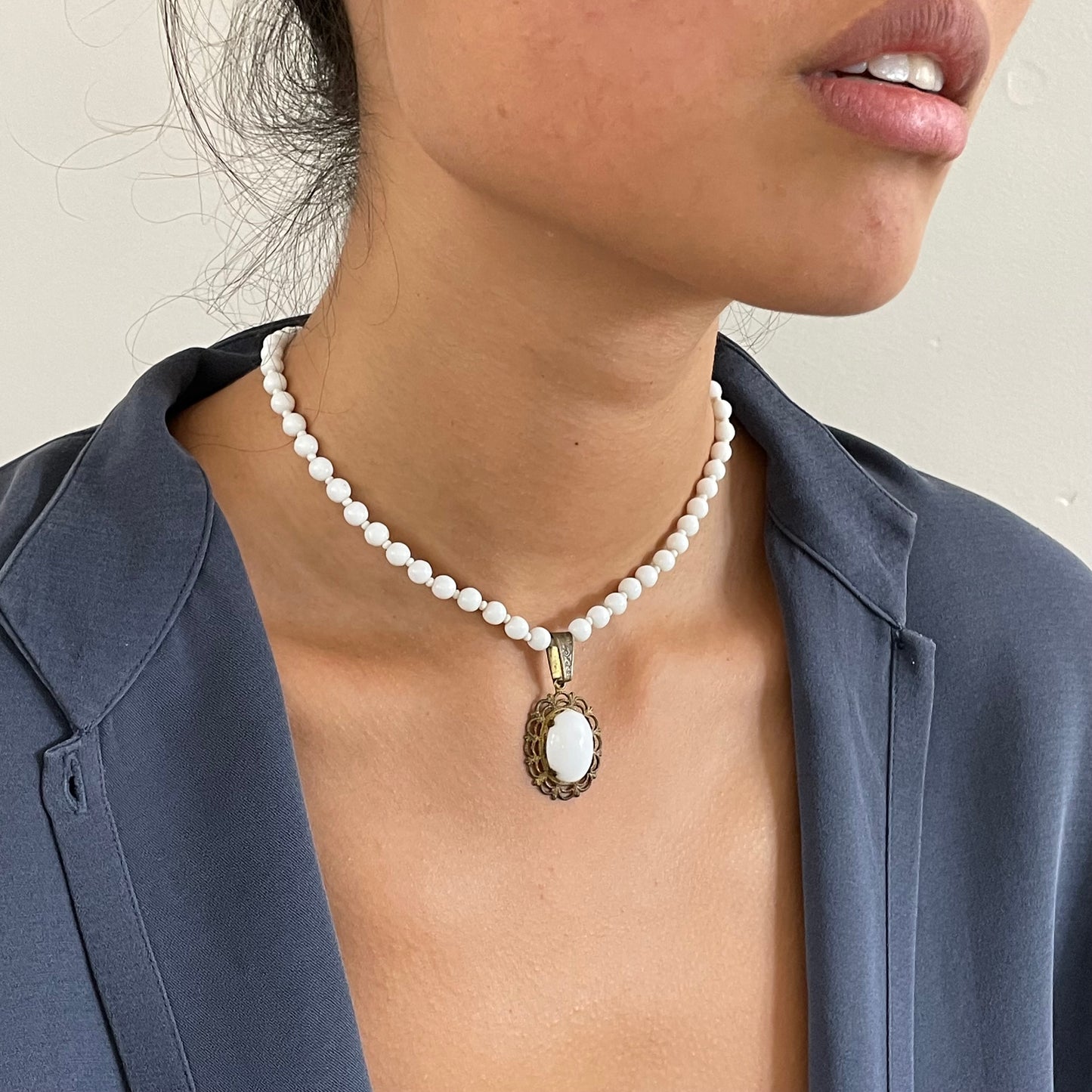 Vintage Miriam Haskell White Milk Glass Beaded Choker Pendant Necklace signed 50s Miram Haskell Jewelry