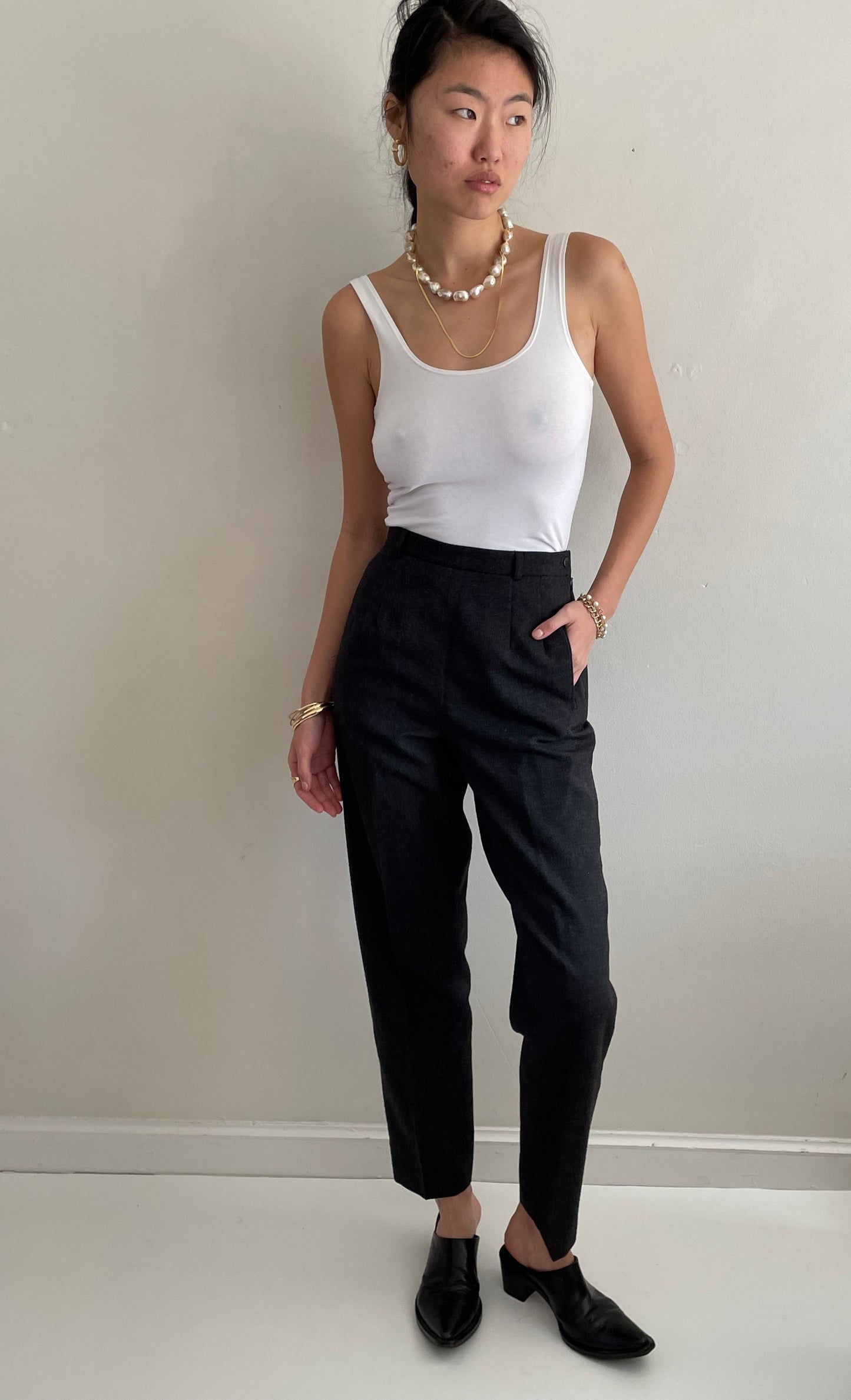 Vintage 90s Wool Pants | Charcoal Gray Flat Front Straight Cigarette Leg Pants | 26 Waist