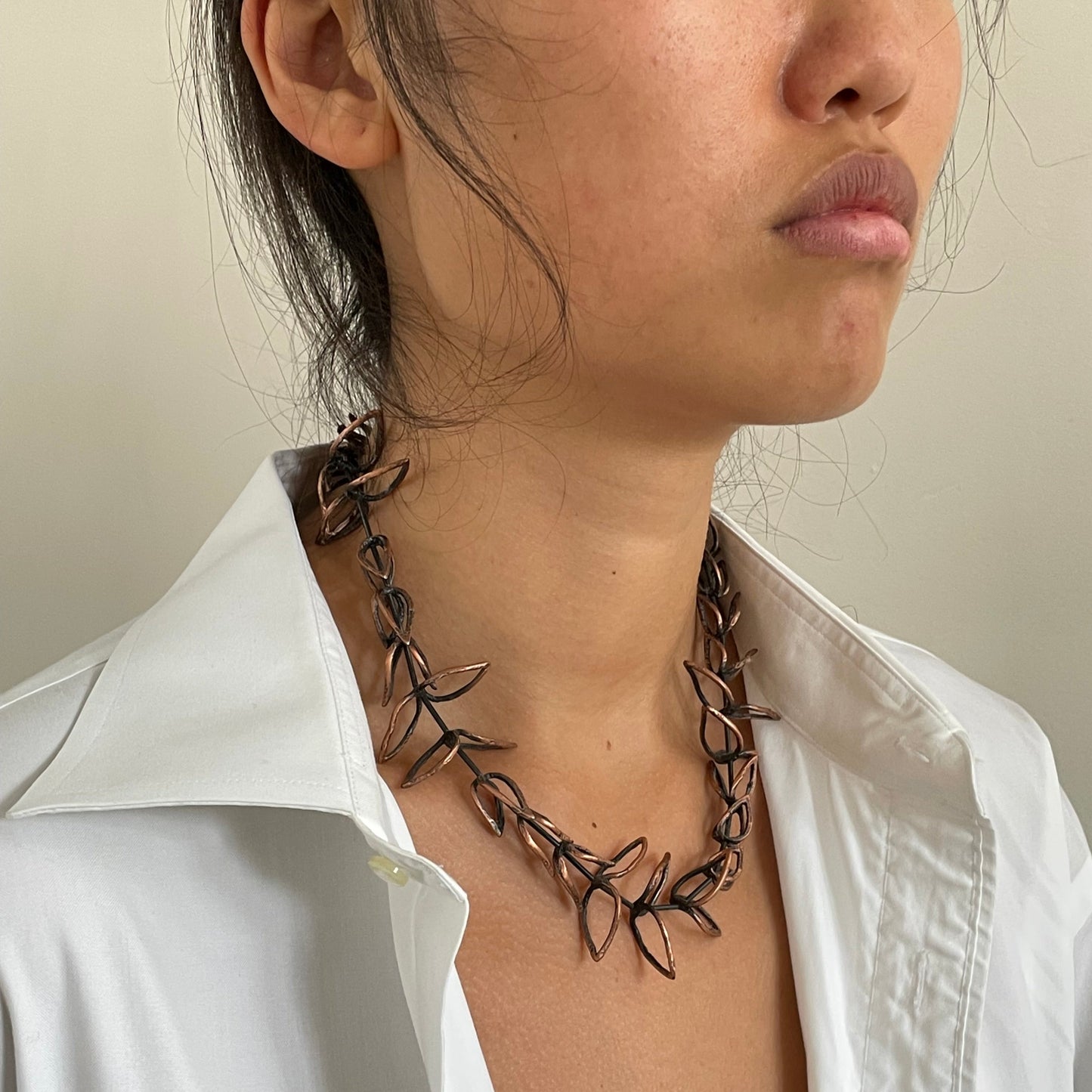 Vintage Handcrafted Copper Leaf Twig Branch Brutalist Necklace Jewelry