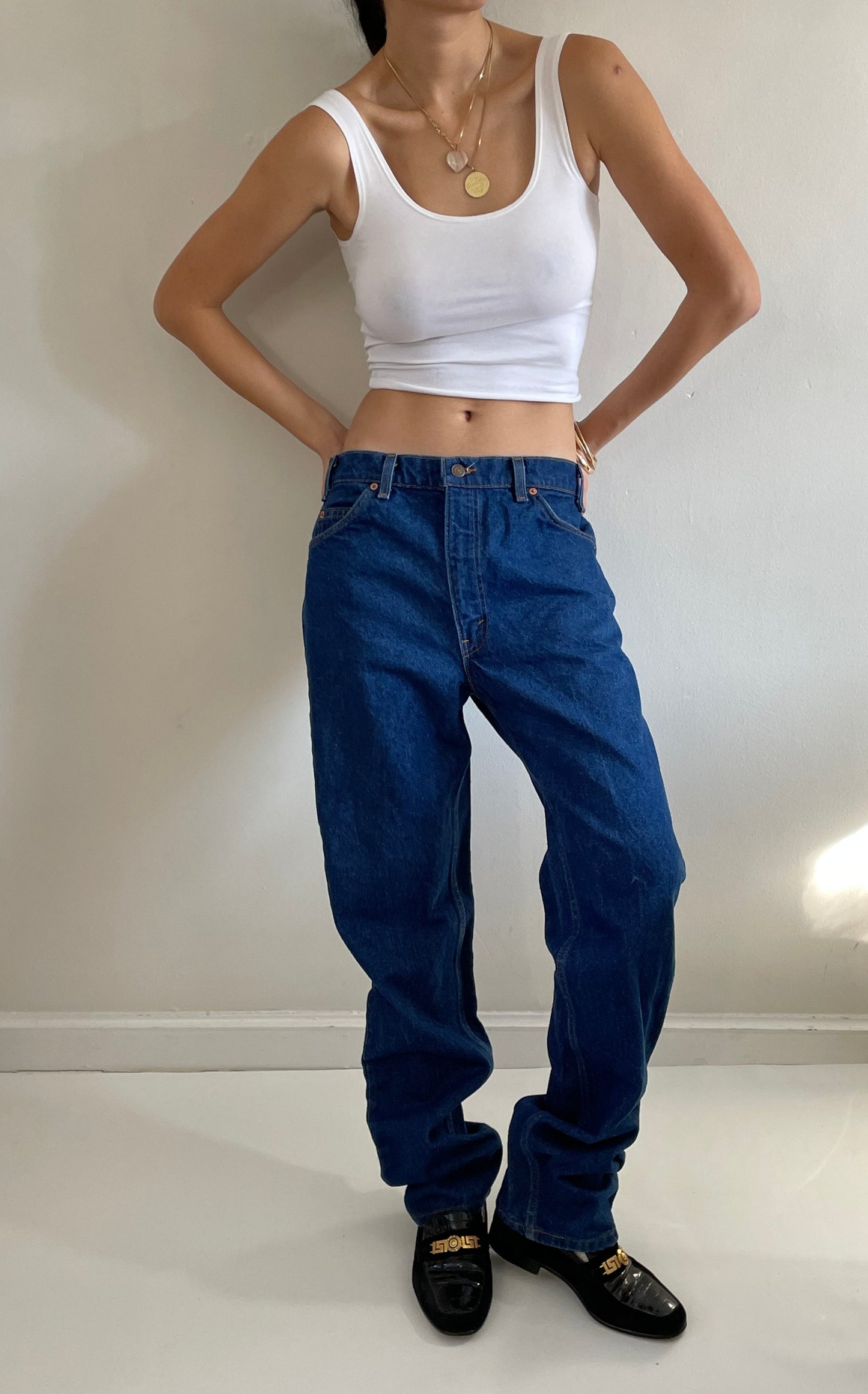 vintage Levi's 505 orange tab dark wash slouchy baggy zipper fly boyfriend tall Levis jeans size 34