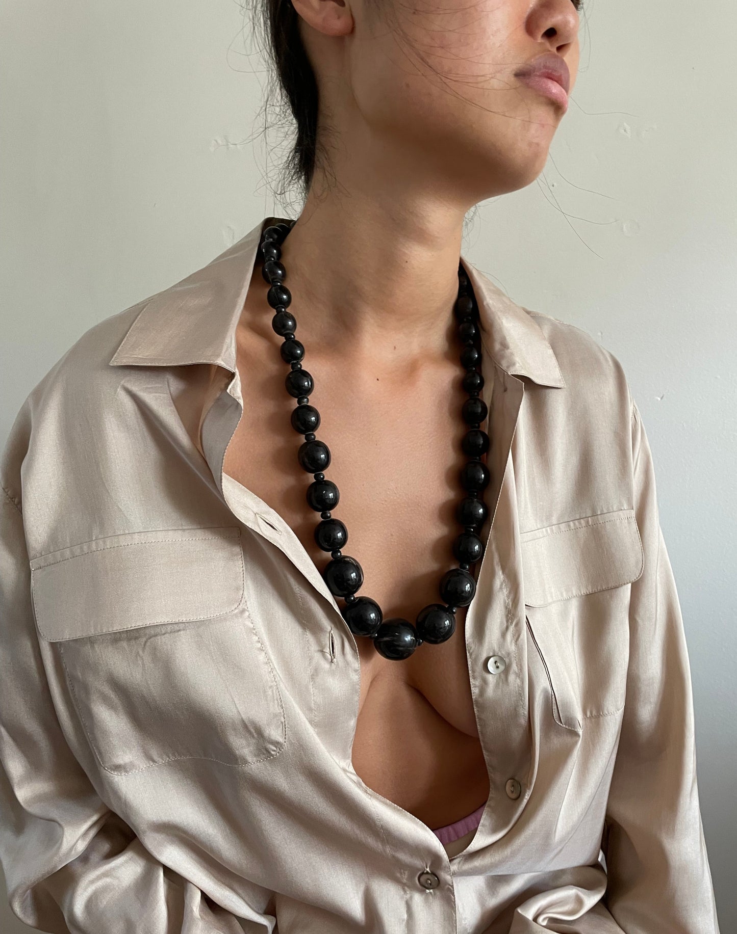 Vintage Monies by Gerda Lynggaard polished horn bead 30" modernist Scandinavian style statement necklace + horn hook clasp jewelry