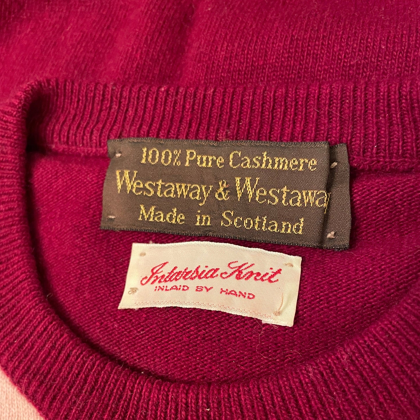 Vintage 100% Cashmere Intarsia Knit Crewneck Pullover Wine Pink Gray ColorBlock Medium