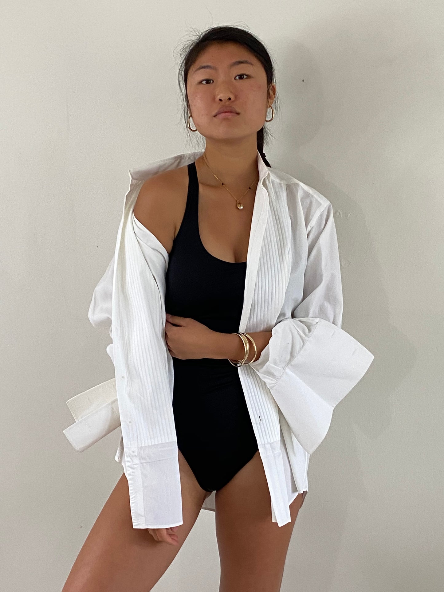 vintage crisp white cotton Italian tuxedo boyfriend shirt / oversized shirt | Large