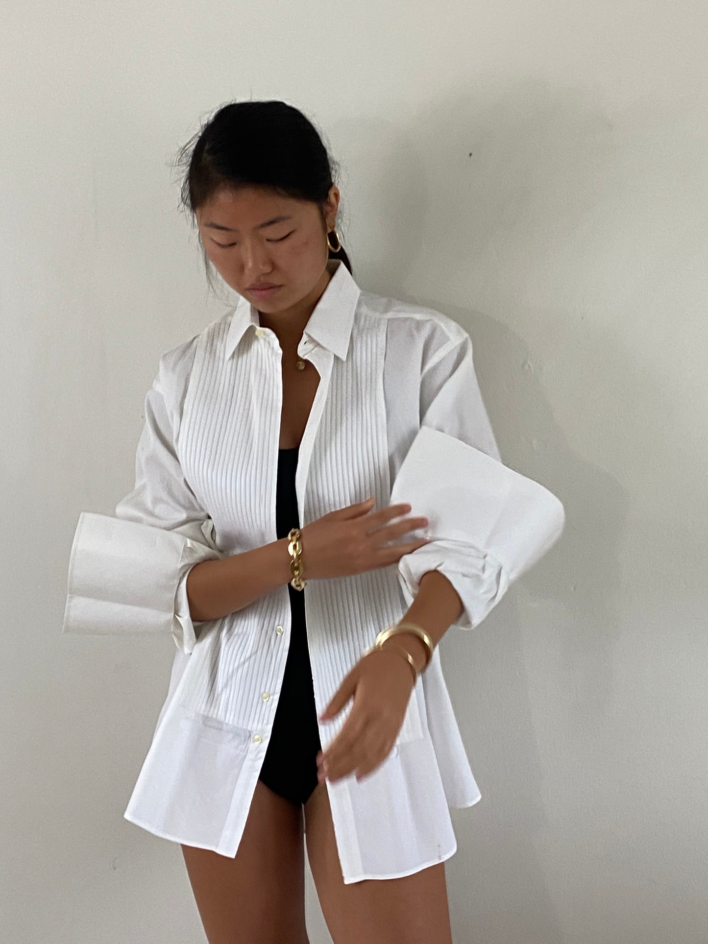 vintage crisp white cotton Italian tuxedo boyfriend shirt / oversized shirt | Large