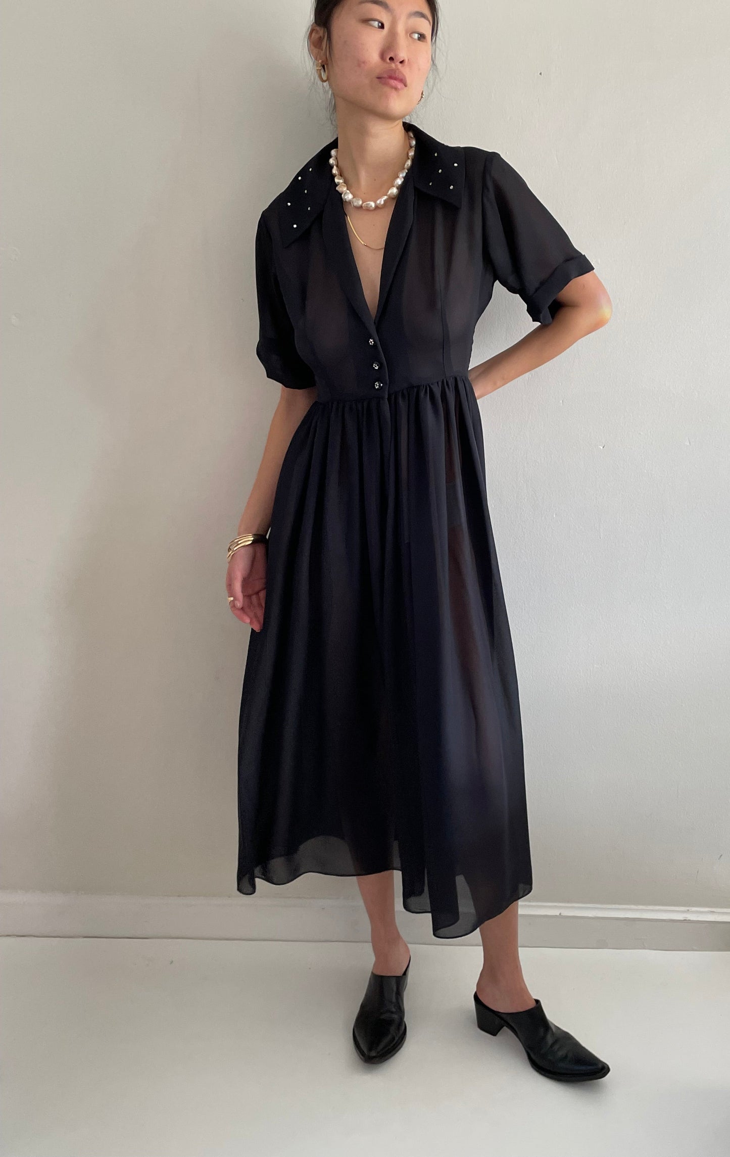vintage 60s black sheer chiffon cocktail wedding guest midi dress Medium