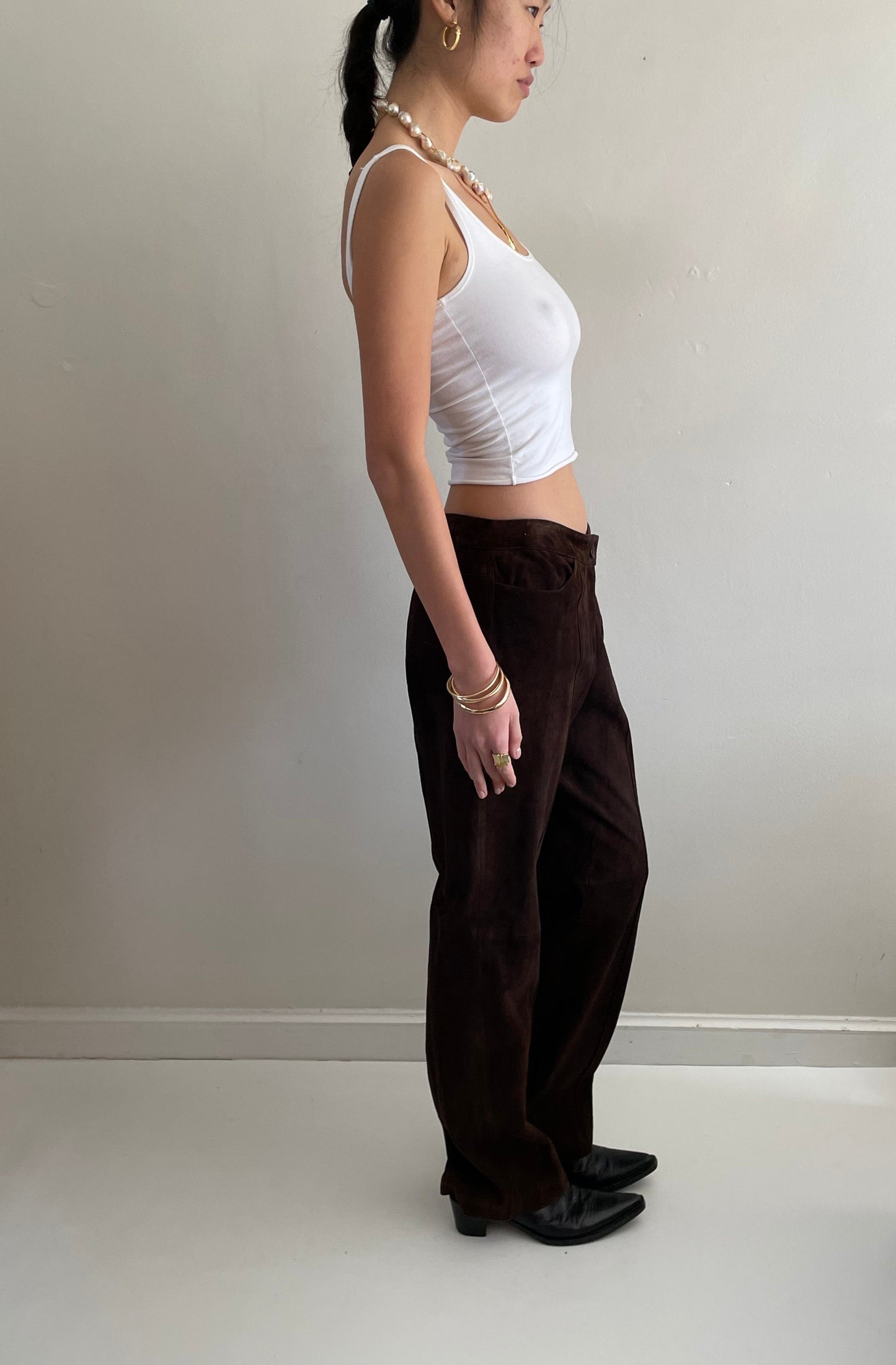 vintage 90s brown genuine suede leather flat front pants size 6 / 31