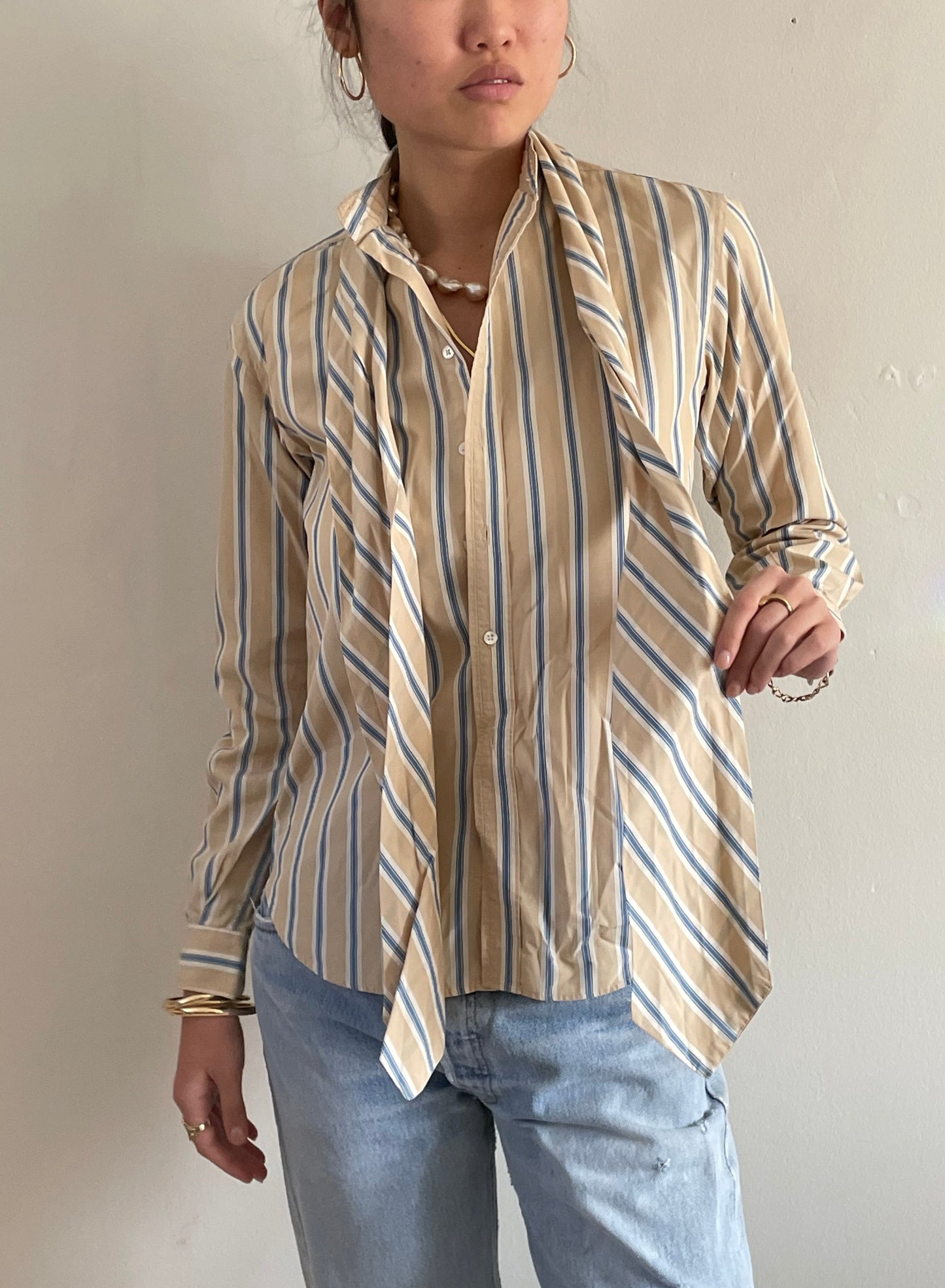 vintage 80s Calvin Klein cotton blouse khaki beige pinstripe