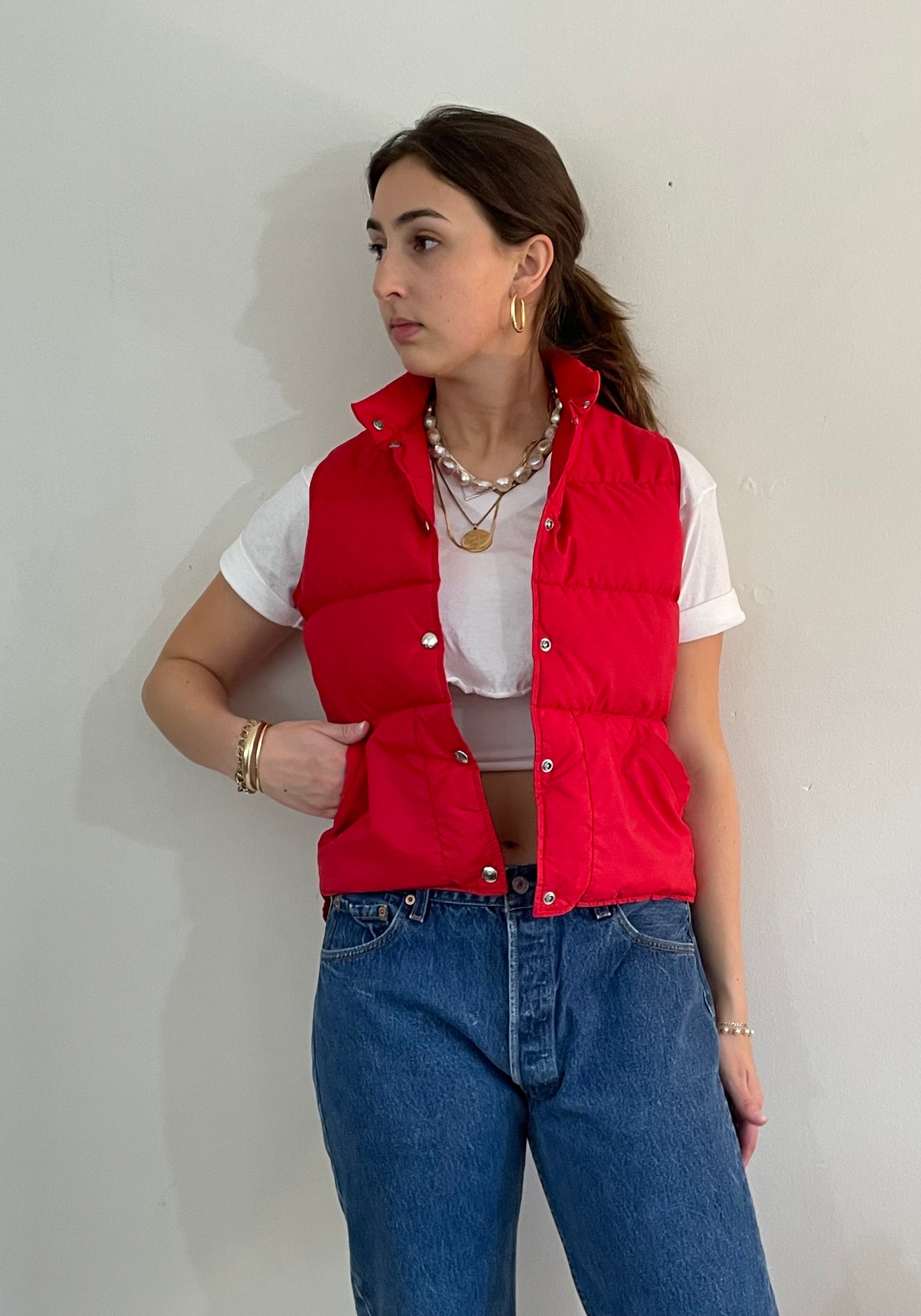 vintage 70s LL Bean goose down cherry red puffy womens vest | Cursive snap front cropped puffer Small