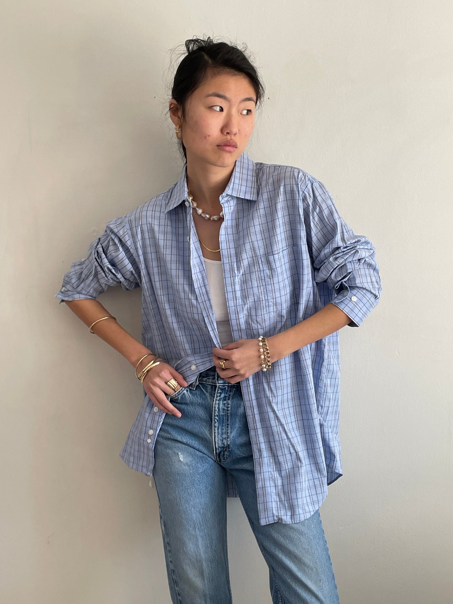 vintage light blue plaid checked oversized soft cotton boyfriend shirt | Large
