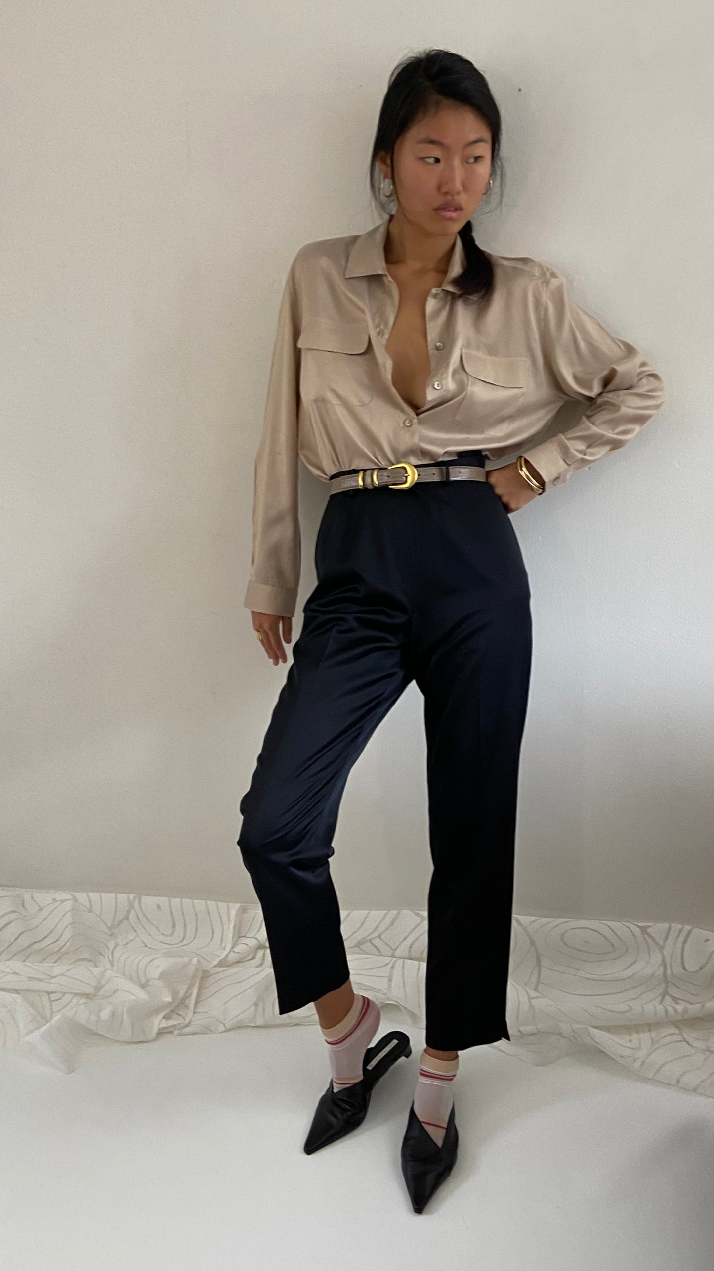 Vintage Black Silk Pants - Duchess Silk High Waisted Flat Front Cigarette Trousers Pants 28 Waist
