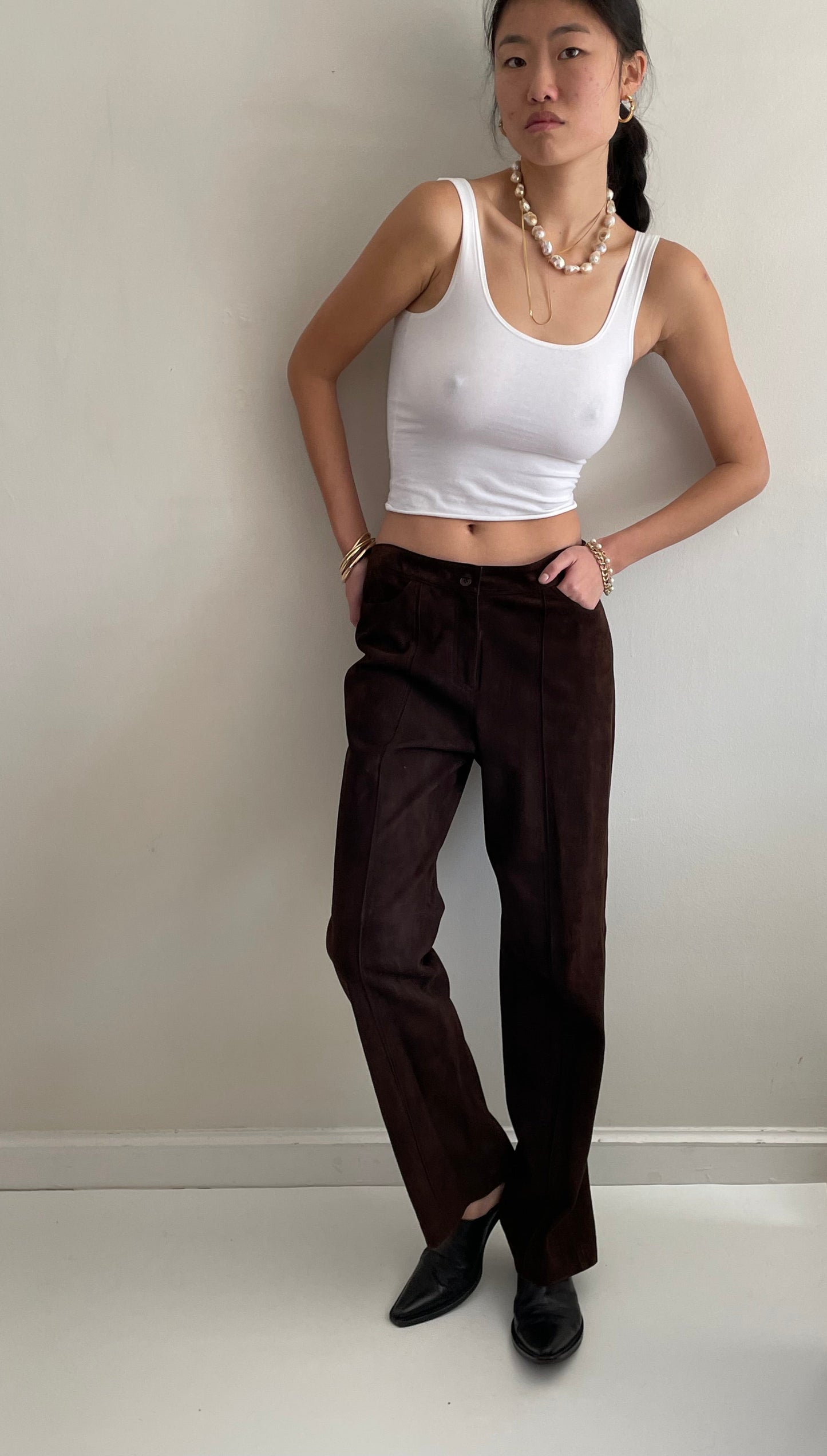vintage 90s brown genuine suede leather flat front pants size 6 / 31
