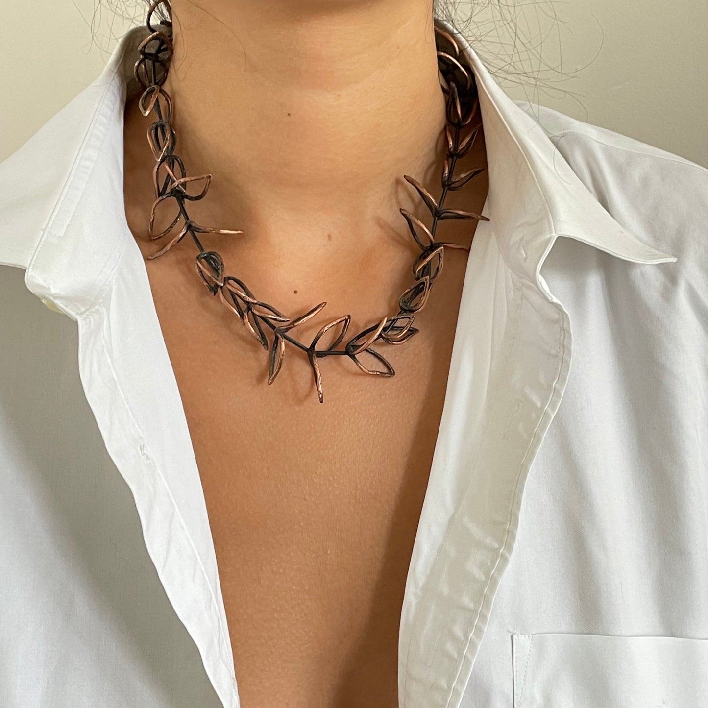 Vintage Handcrafted Copper Leaf Twig Branch Brutalist Necklace Jewelry