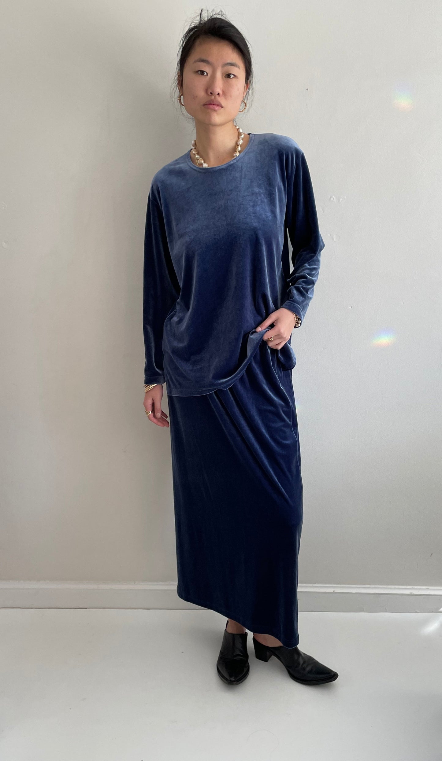 vintage 90s stretch velvet 2 piece indigo blue tunic sweatshirt + skirt matching set XL