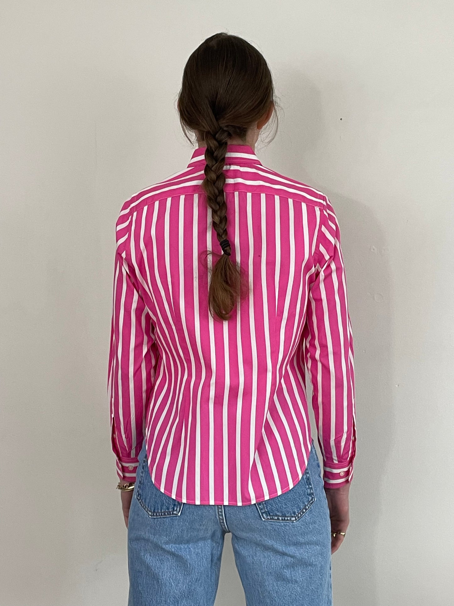 vintage Ralph Lauren hot pink white striped 100% cotton RL petite cropped pinstripe blouse Small
