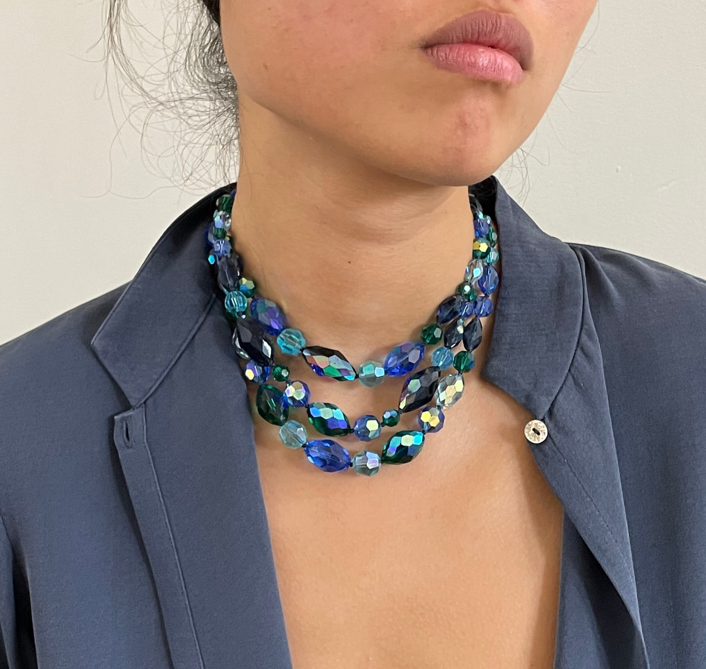 Vintage 50s Blue Aurora Borealis Cut Crystal 3 Strand Choker Collar Necklace + Earrings