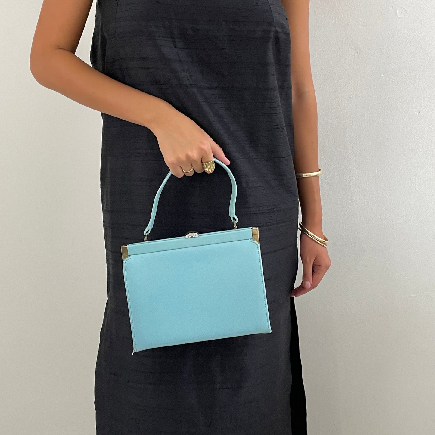 Vintage baby blue top handle 60s Thayer McNeil faux leather vinyl box purse handbag made in USA