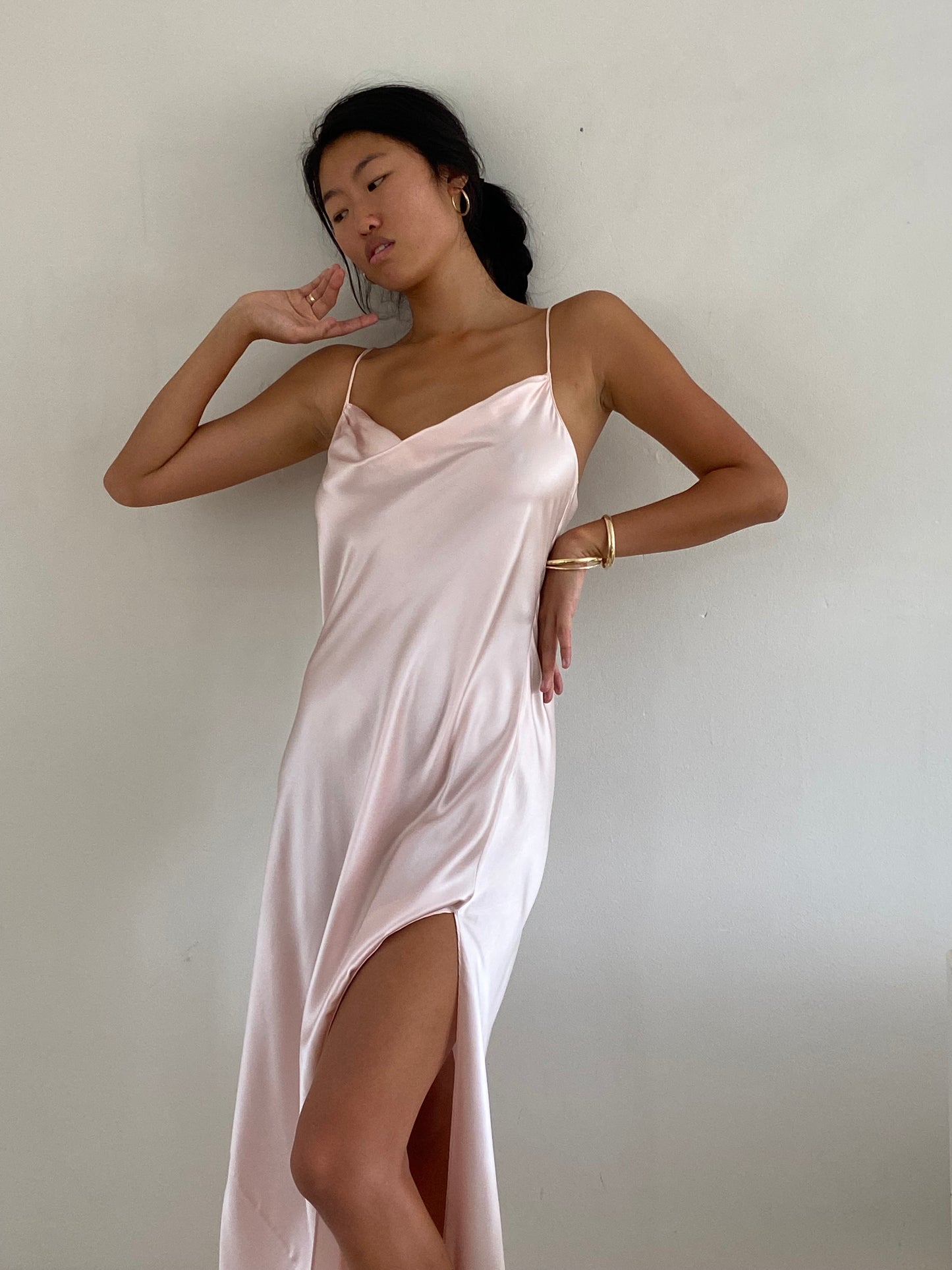 vintage 90s 100% silk charmeuse blush pink maxi slip wedding guest dress M/L