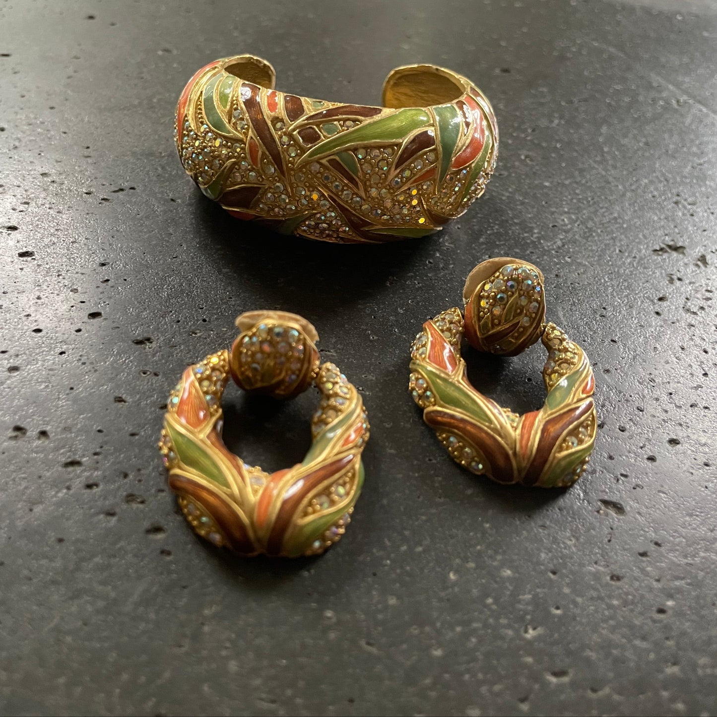 Vintage 90s Roxanne Assoulin Enamel Cuff Bracelet and Door Knocker Earring Matching Set Jewelry