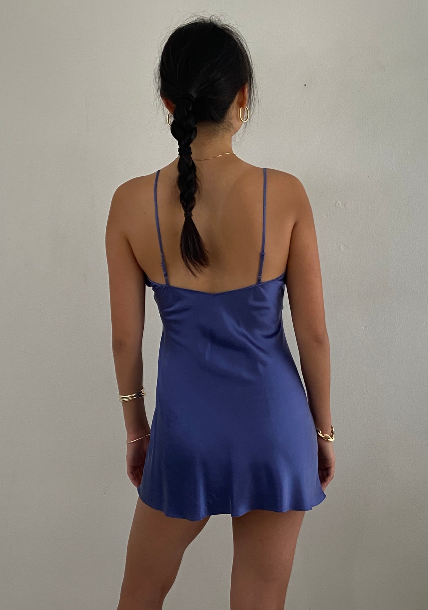 vintage 90s 100% silk charmeuse indigo blue mini slip dress nightgown lingerie Medium