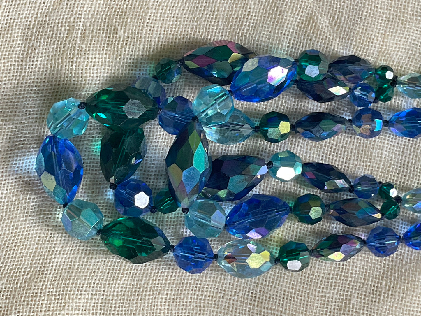 Vintage 50s Blue Aurora Borealis Cut Crystal 3 Strand Choker Collar Necklace + Earrings