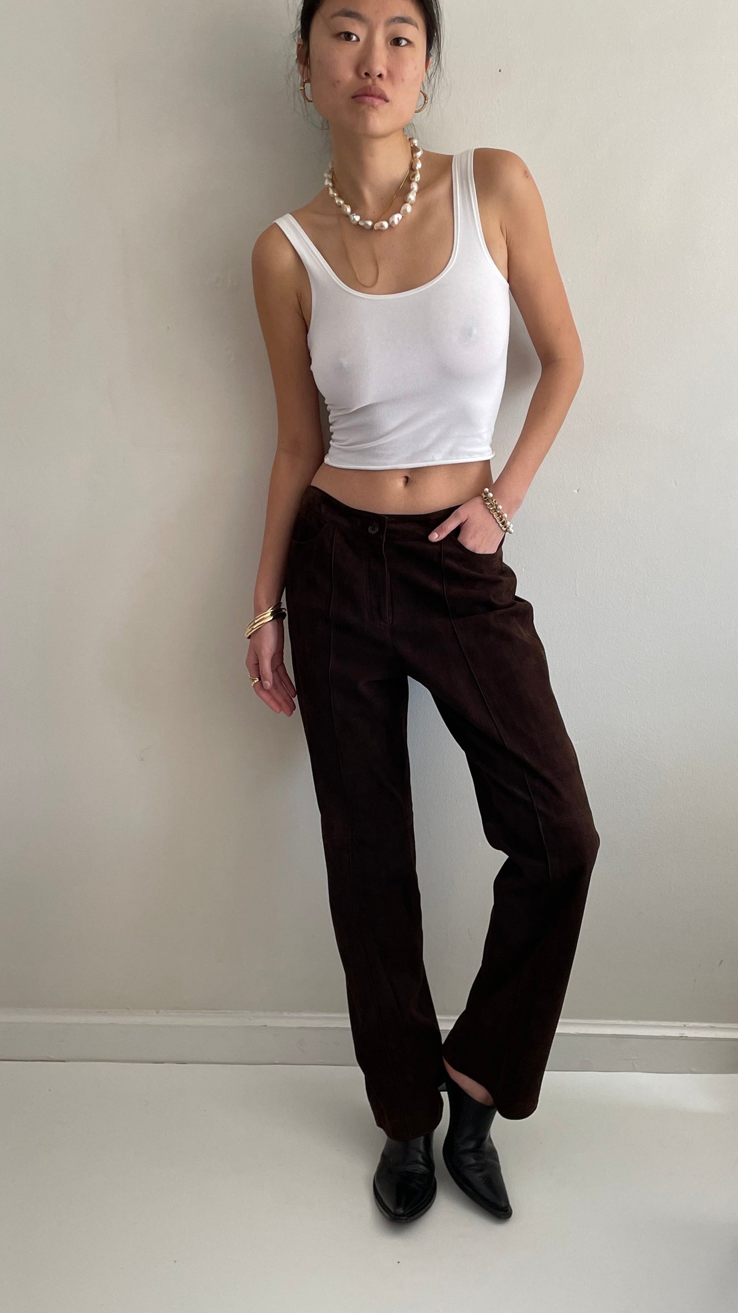 vintage 90s brown genuine suede leather flat front pants size 6 / 31